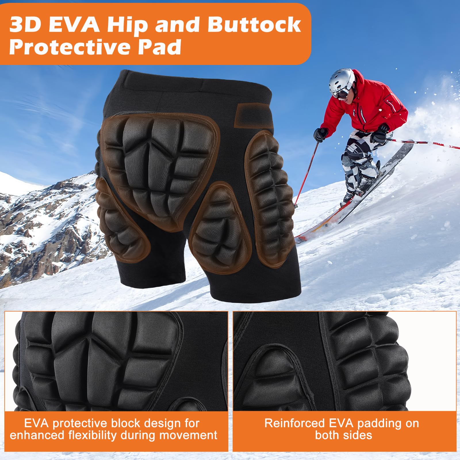 AOOWU Pantaloncini Protettivi Imbottiti per Snowboard, Protezione 3D Anca Coscia Coccige