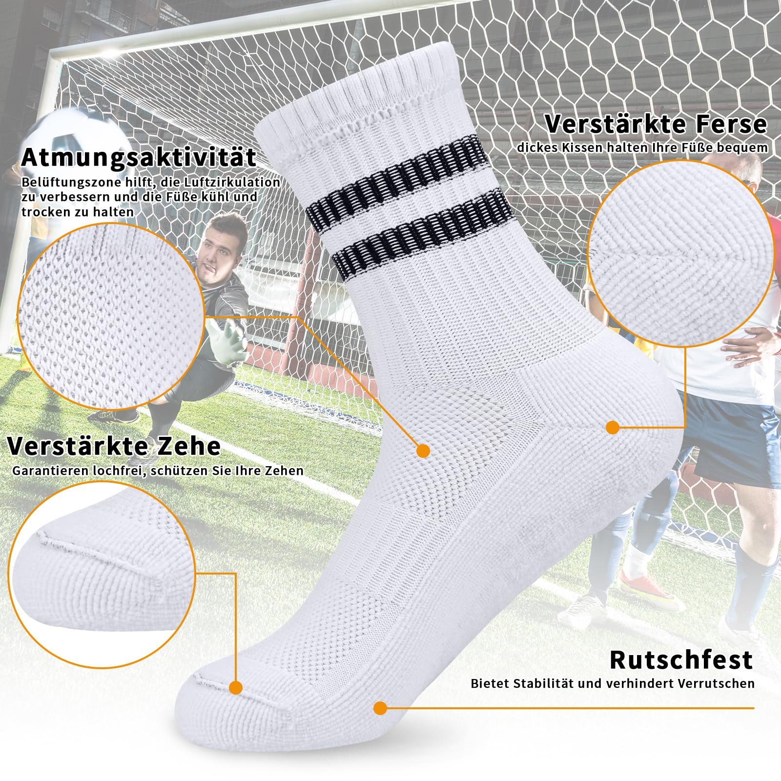 Lot de 3 paires chaussettes football antidérapantes garçon Blanc Noir 31-34 35-38