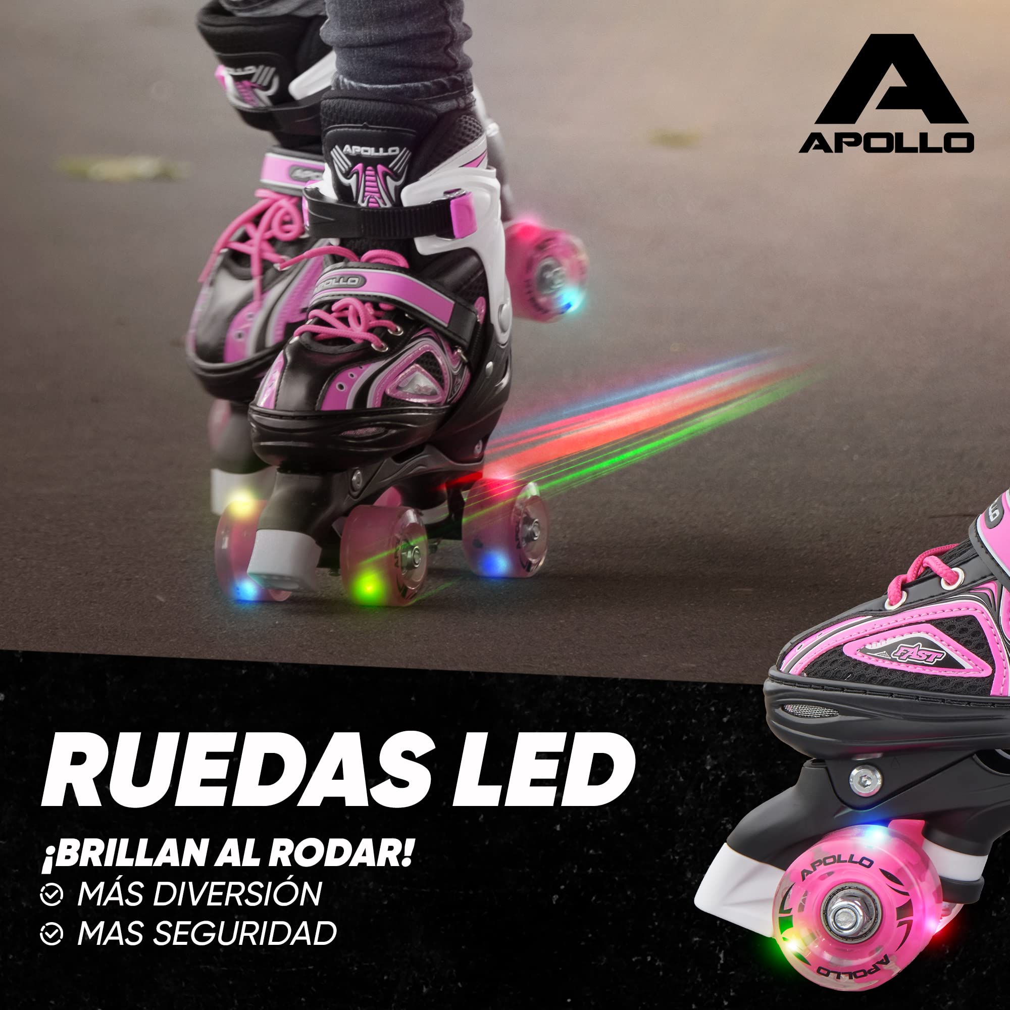 Apollo Patines 4 Ruedas Super Quad X Pro – Patines Quad para Niños y Adolescentes - Patines de Ruedas LED – Cómodos Patines Niña o Niño, Ideales para Principiantes