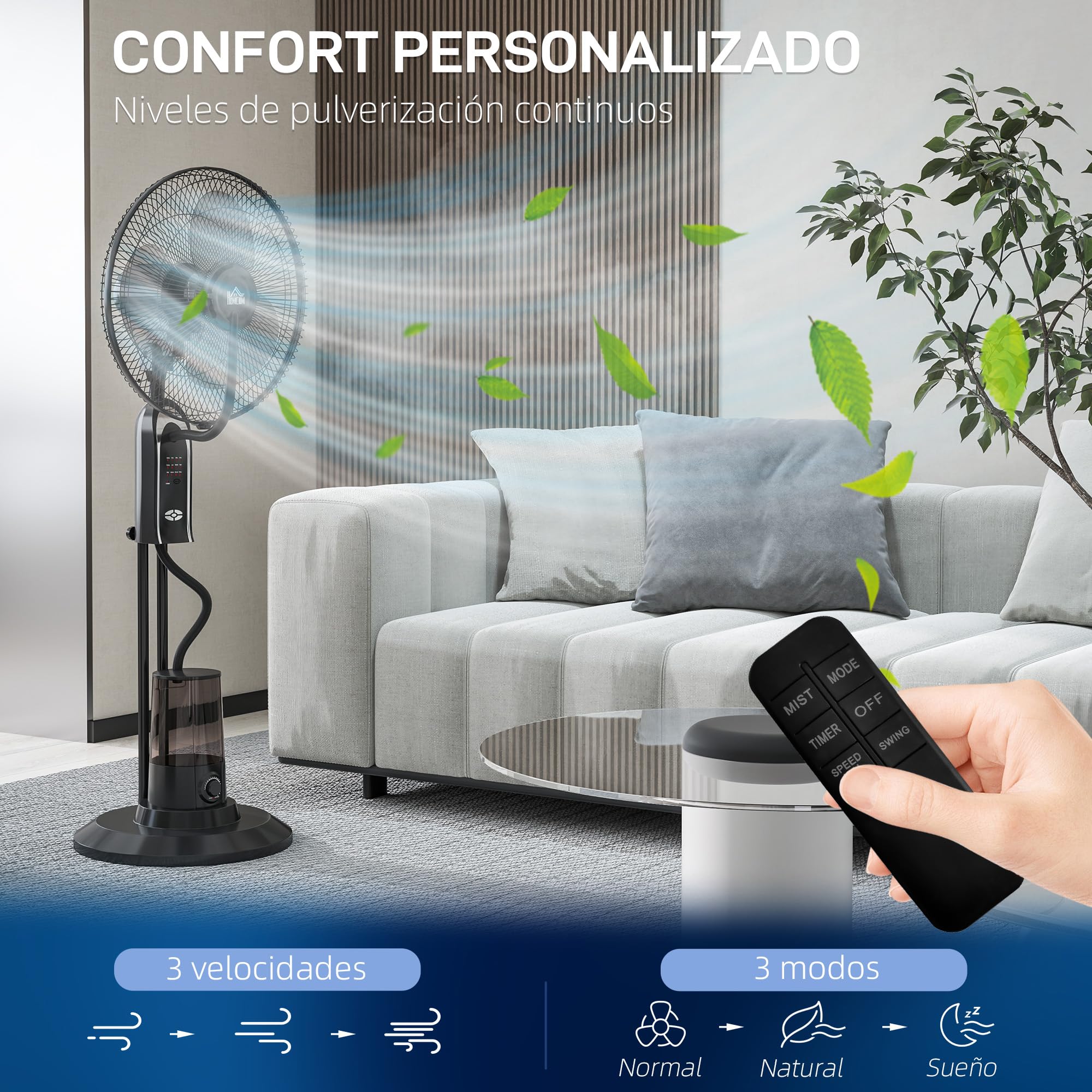 HOMCOM Ventilador Nebulizador de Agua 75 W con Mando a Distancia Ventilador de Pie Oscilante Temporizador Tanque 3,2L 3 Velocidades 3 Aspas y Pantalla LED Ø44,5 cm Negro