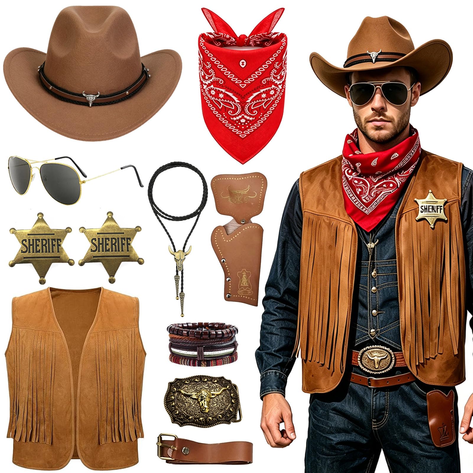 JRZYTX Western Cowboy Costume for Men Cowboy Outfit Mens Retro Cowboys Fancy Dress for Western Theme Party Cosplay(BROWN, XL)