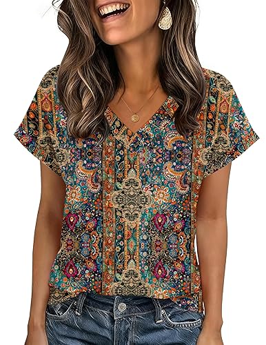 Zeagoo Womens Summer Tops Rolled Short Sleeve V Neck Shirts
