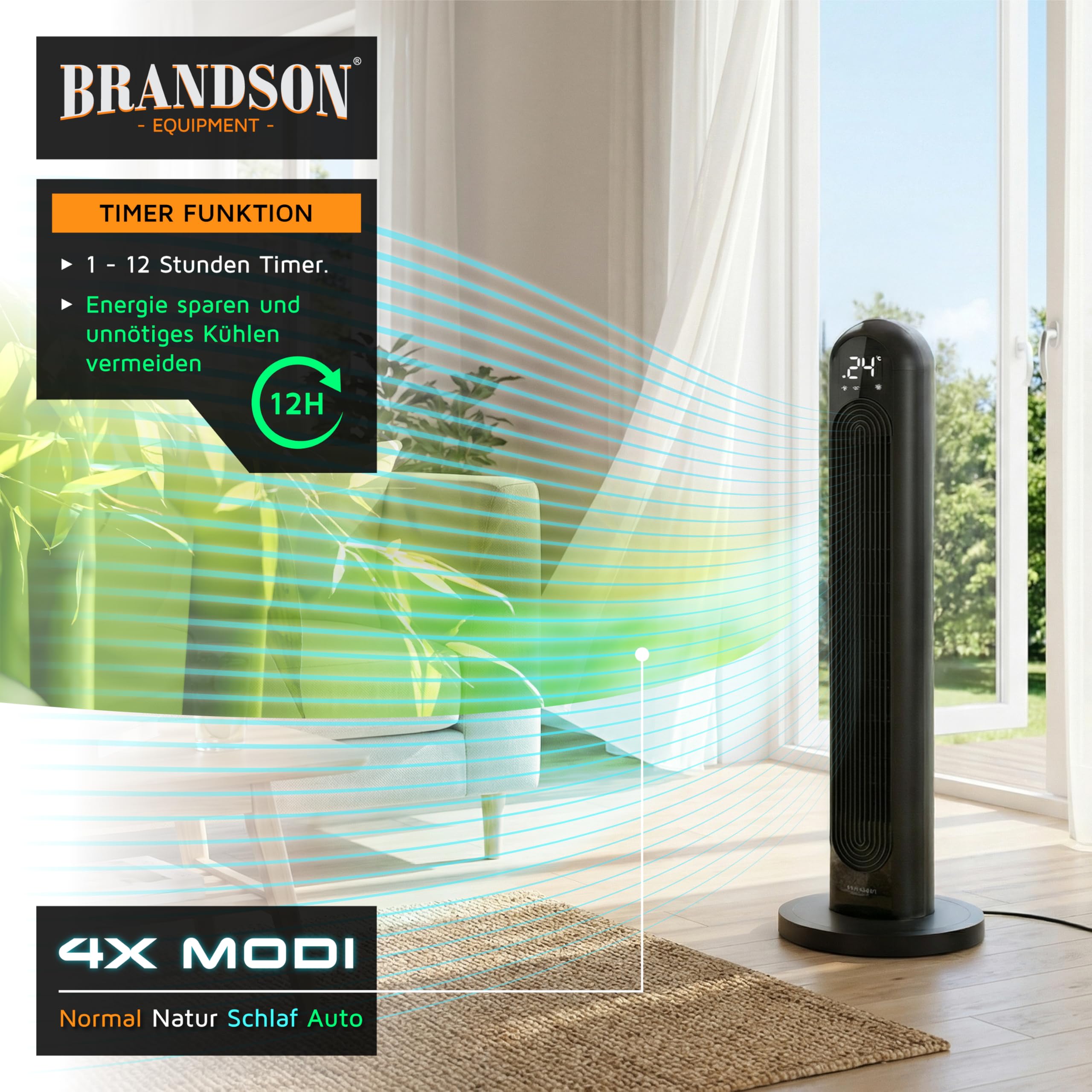 Brandson - DC Turmventilator Eco Design – sehr leise - mit DC Motor – Sieger Ventilatoren und Luftkühler 2026-12 Geschwindigkeiten – 4 Modi normal Natur Schlaf Auto – Oszillation – Fernbedienung