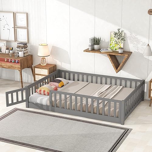 Olela Marco de cama de suelo tamaño Queen, cama Montessori de madera con rieles para valla y listones de soporte, cama de piso para niños y niñas