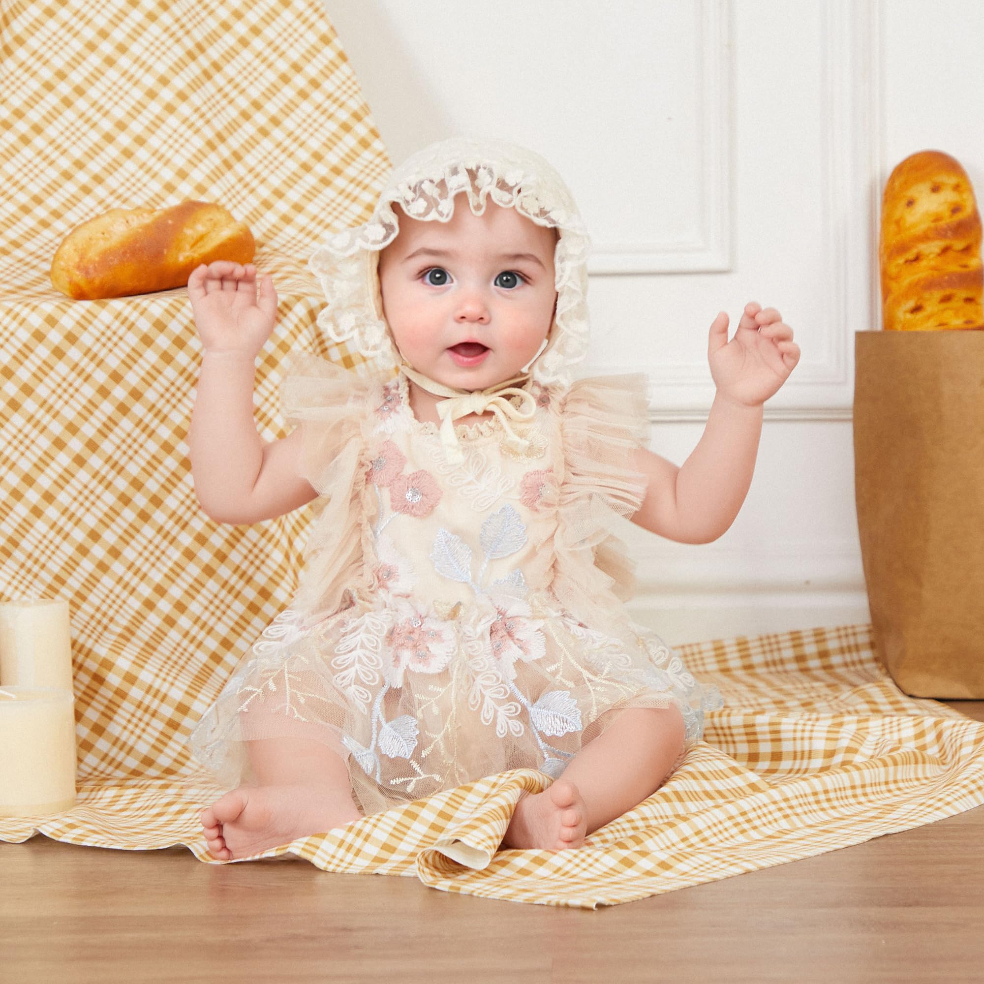 Newborn Baby Girl Romper Dress Floral Embroidery Mesh Tutu Dress Sleeveless Jumpsuits Princess Summer Clothes (Beige, 0-6 Months)