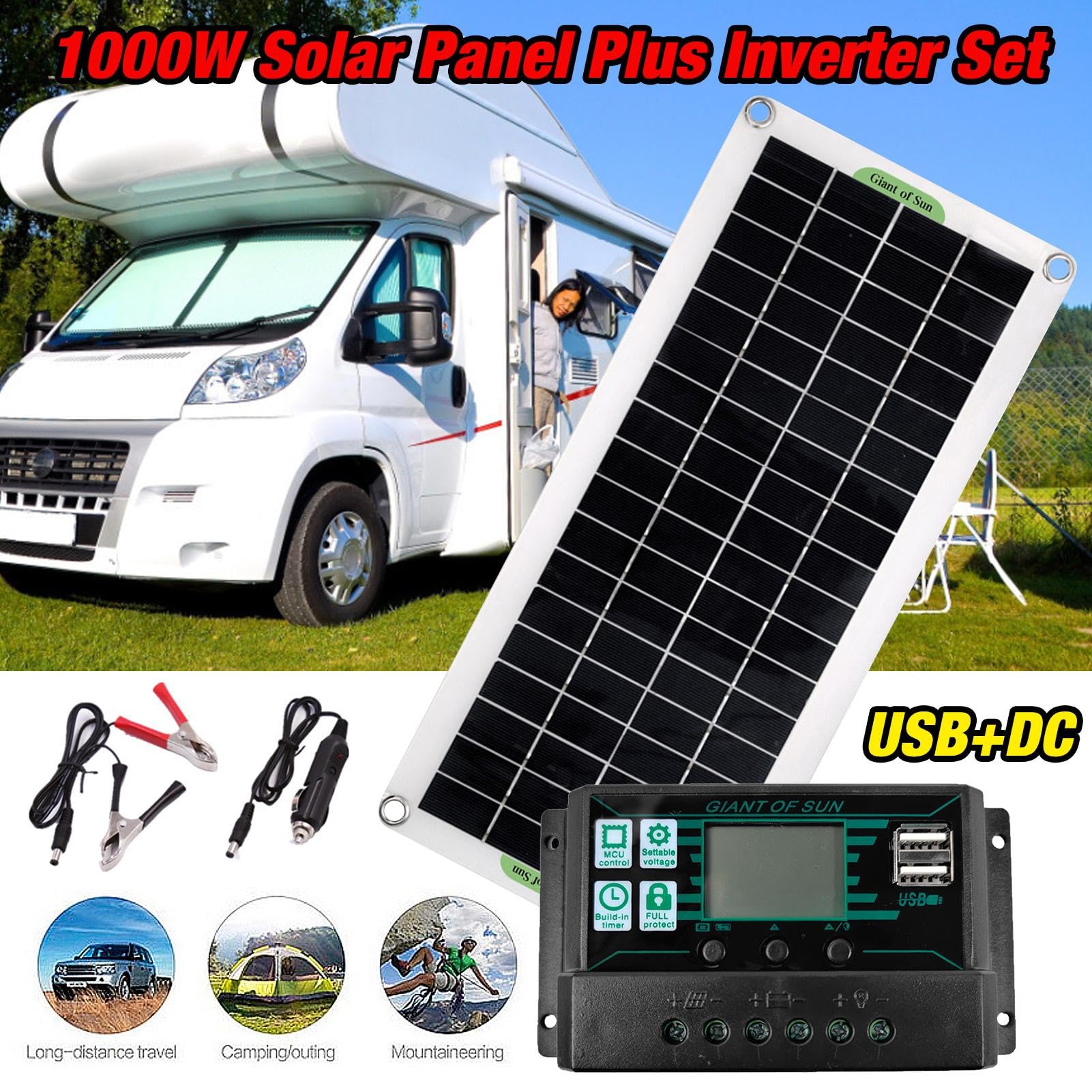 Pannello Solare - Modulo Solare Fotovoltaico Monocristallino Con Inverter Da 1000W | Kit Solare Completo Per Veicolo Automatico Con Clip Per Batteria E Display A LED Per La Casa