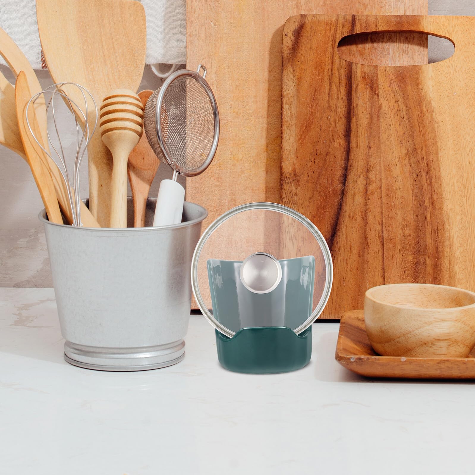 Gatuida Soporte para Tapa de Olla de Cerámica Verde, Vertical | Reposacucharas para Cocina, Estructura Estable, Ahorro de Espacio, Uso en Meal Prep