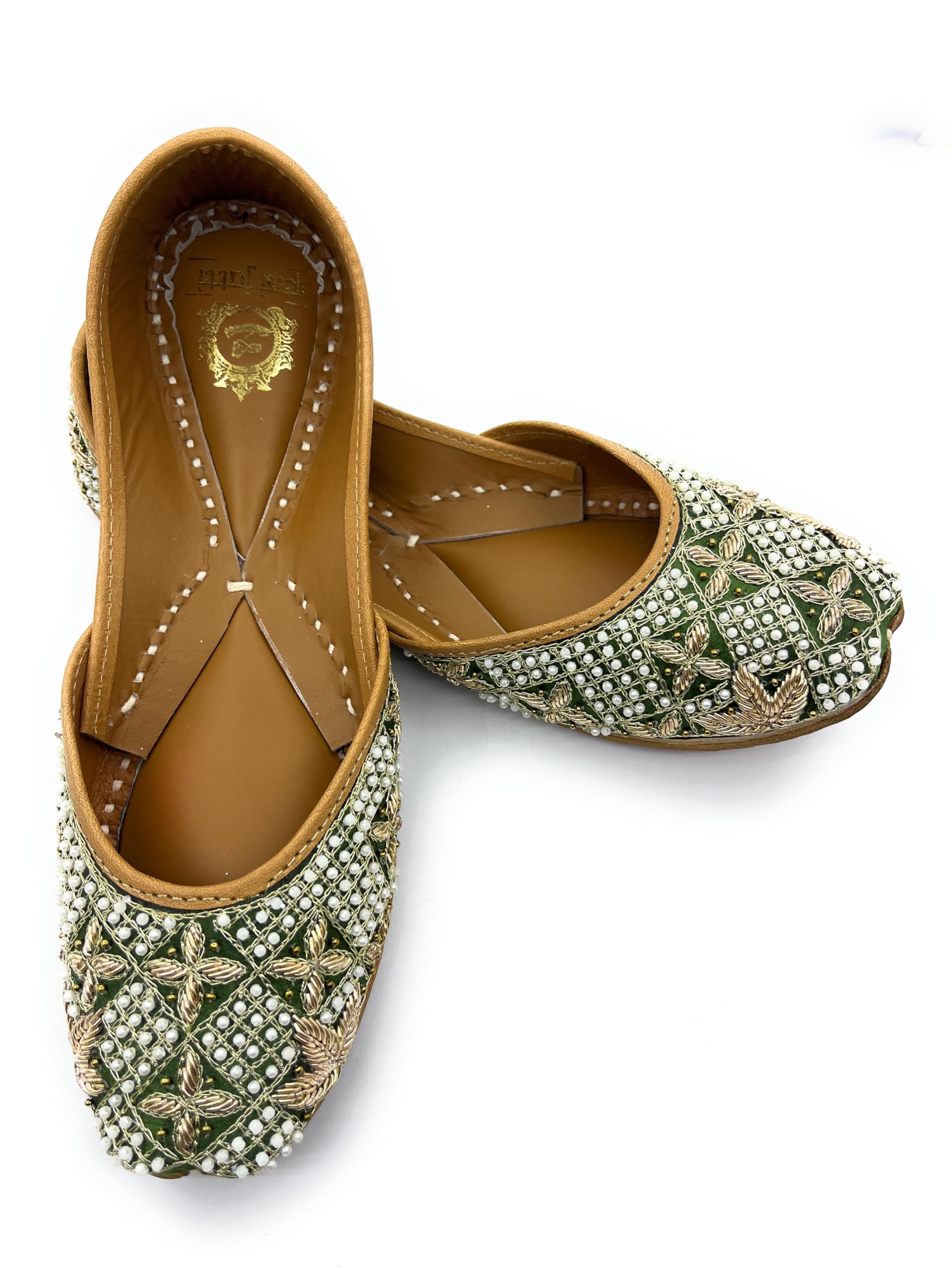 Pearl Elegance, Punjabi Jutti, Green Color Embroidered Handmade Jutti for Women with Soft Leather and Double Cushion, Dabka Jutti, Women Punjabi Jutti, Jutti for Women-image-14