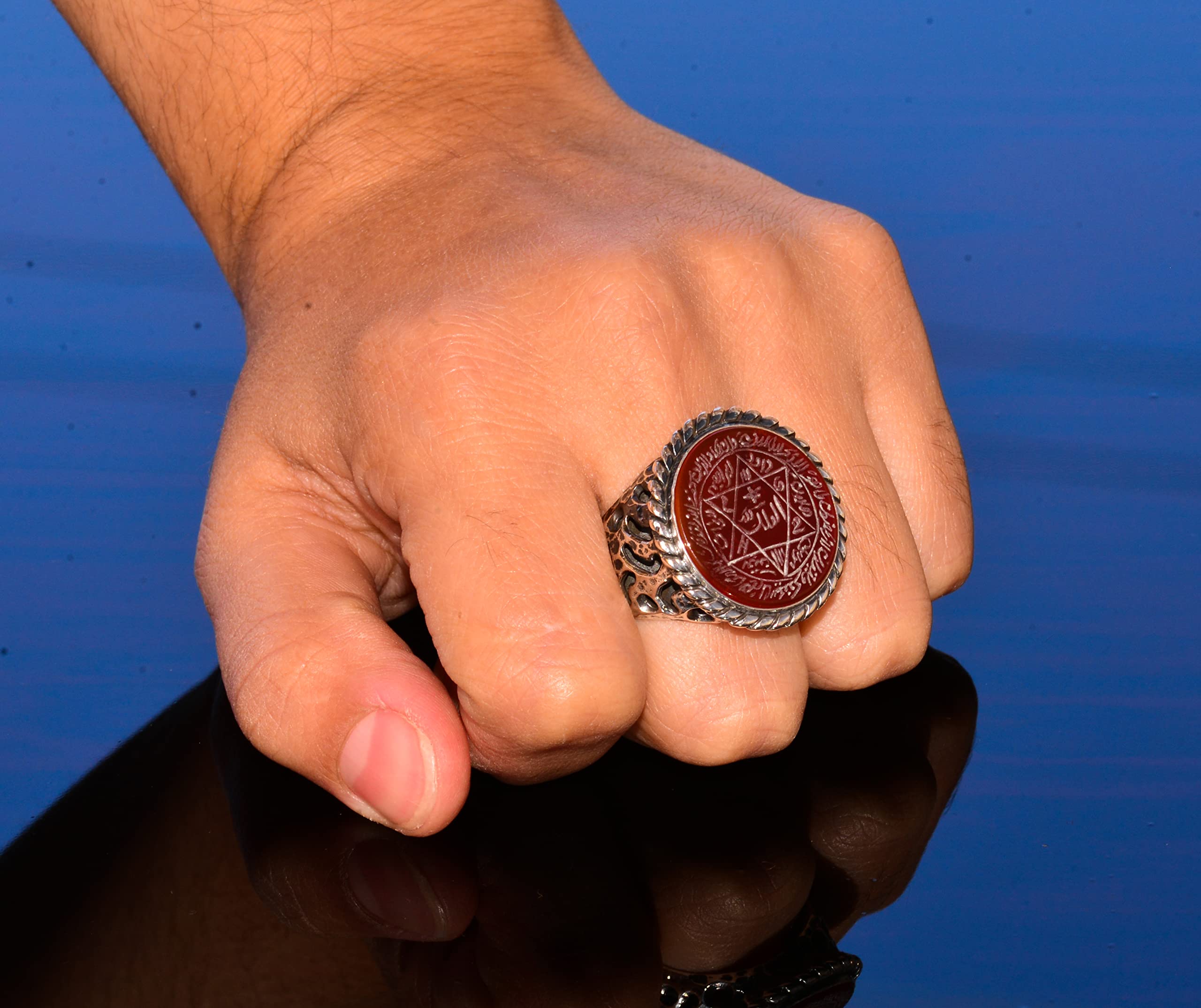 KAMBO - Anillo árabe hecho a mano con piedra cornalina, anillo de plata de ley para hombre, emblema de estrella de Salomón, símbolo de valor y vitalidad, Plata, Cornalina