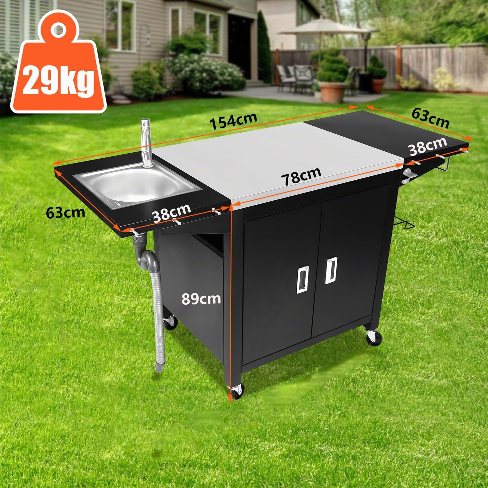 GFTIME Carrello per barbecue, cucina all'aperto, tavolo per pizza mobile, in acciaio inox, con ruote, 154 x 63 x 89 cm