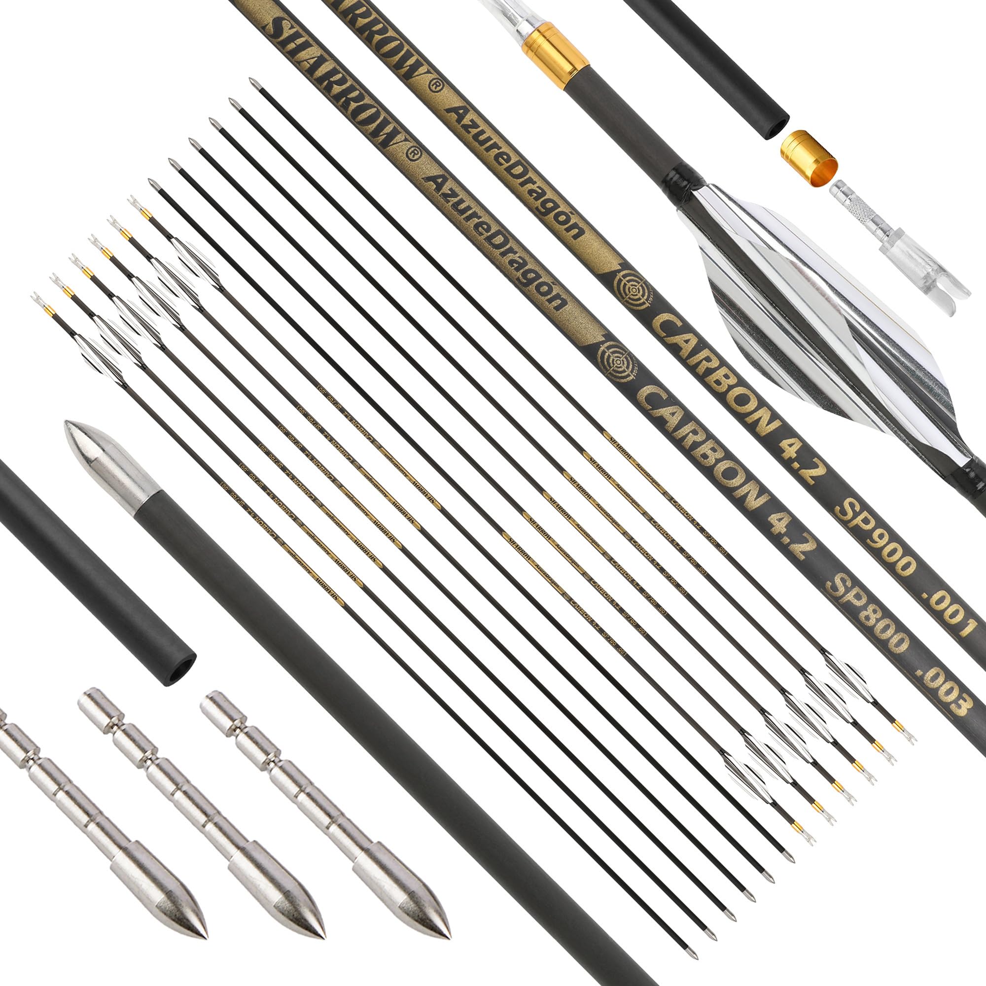 6 Flèches Carbone Pur – Sp350 à 1000, ID 4,2 Mm – Pour Arc à Poulies Ou Recourbé