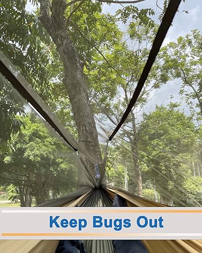 Miniatura 5 de Sunyear Hamaca de Camping, Hamaca Portátil Individual y Doble con Red, Tienda de Hamaca para 2 Personas con 2 Correas de 3 metros, Ideal para