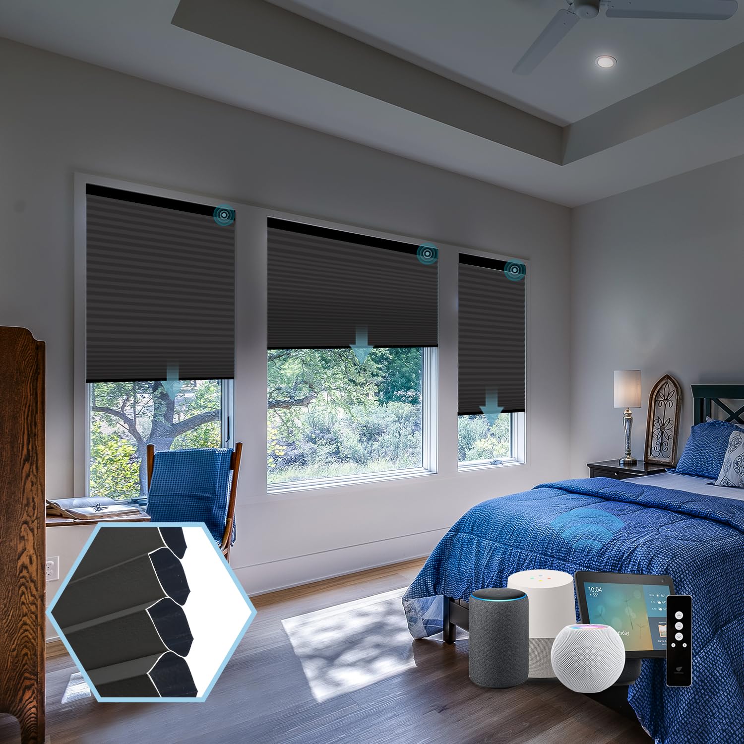 SmartWings Motorized Cellular Shades with Remote, Customized Electric Cordles Honeycomb Blinds Compatible with Alexa/Homekit/Google for Windows, 100%