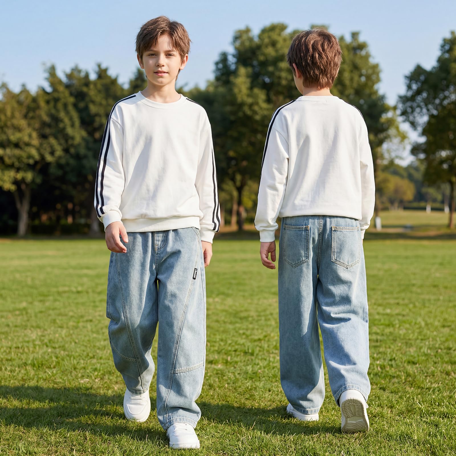 Jeans Ragazzo Baggy Loose Fit Pantaloni con Vita Elasticizzata Tasche Multiple Bambino Lunghi Denim Pants Moda Streetwear Casual Stretch Vintage Jeans per Ragazzi 7-15 Anni