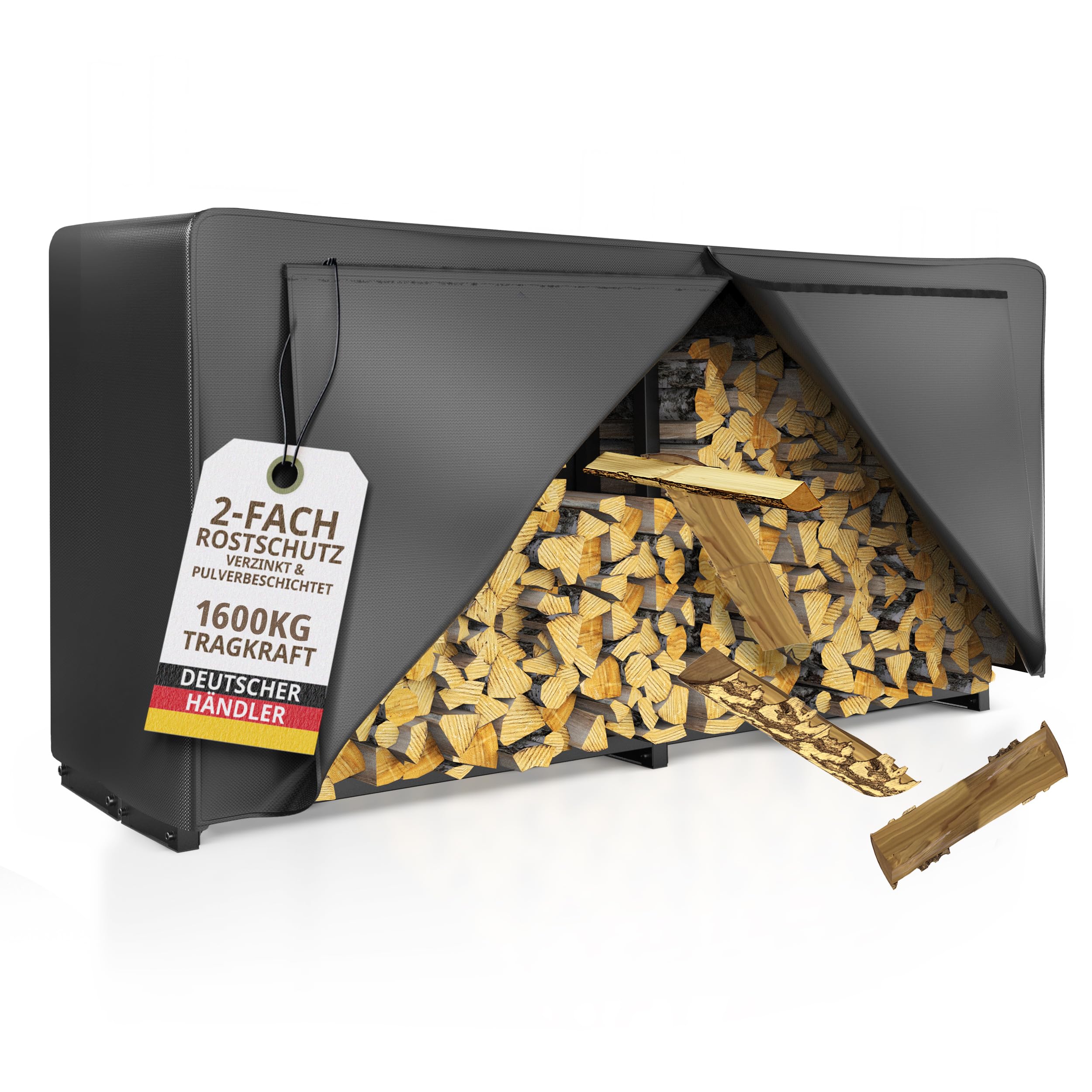 Kaminholzregal aussen Metall 2 Stück 223 × 115 x 25cm I = 50cm tief I verzinkt mit 1x 61cm Abdeckplane – Kaminholz Regal Holzunterstand draußen Stapelhilfe für Brennholz Garten I Terrasse schwarz | 223 × 115 × 25 cm, Schutzhülle 61 cm, wetterfest, Aufbewa