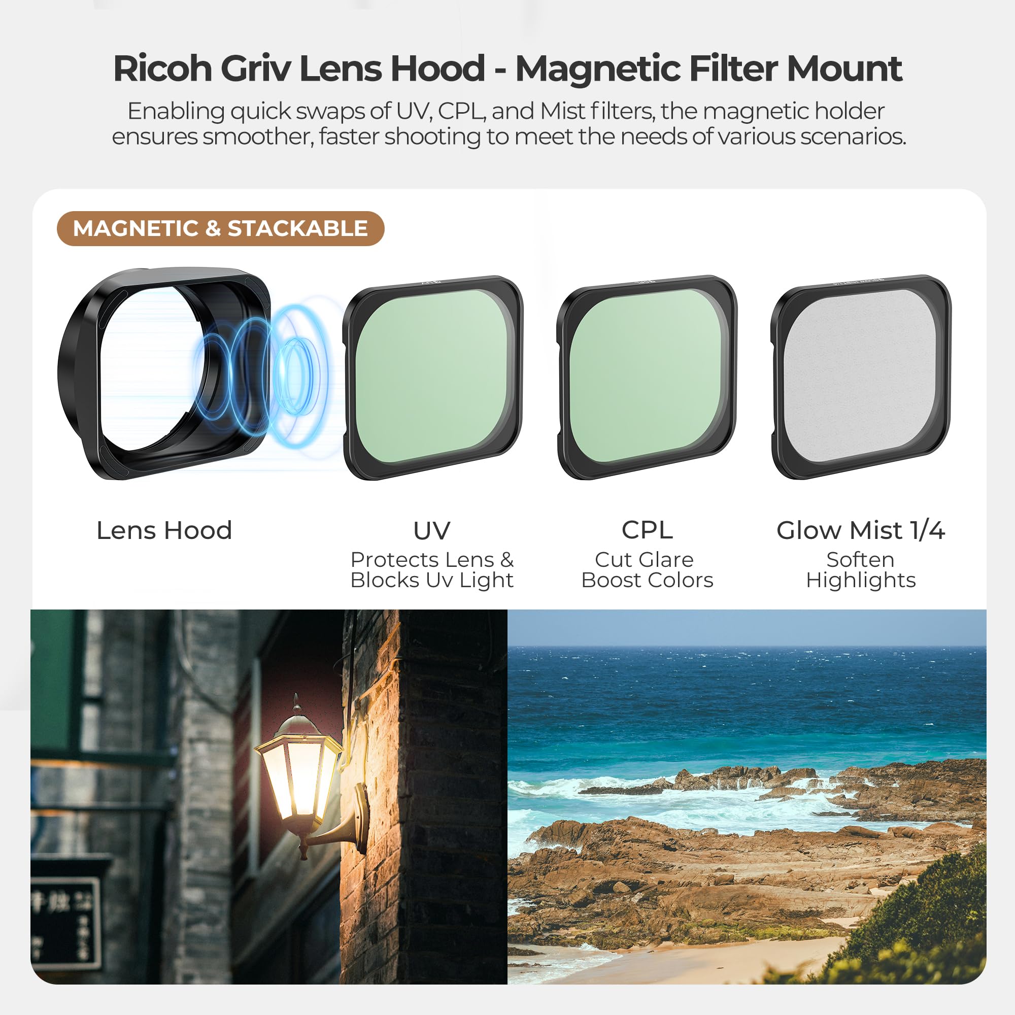 Freewell Pare-Soleil pour Ricoh GRIV-Filtres Magnétiques empilables CPL UV | Brume avec Protection en Verre trempé