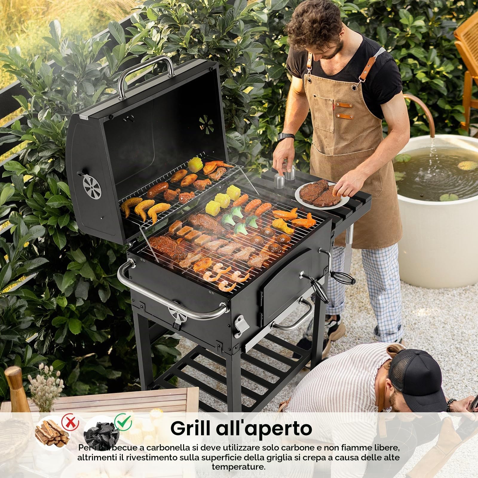 LIFERUN Barbecue Carbonella XL, Barbecue a Carbonella con Coperchio, Griglia per Barbecue con 2PCS Ruote, Termometro, Grande BBQ Smoker con Carrello per Campeggio, Giardino
