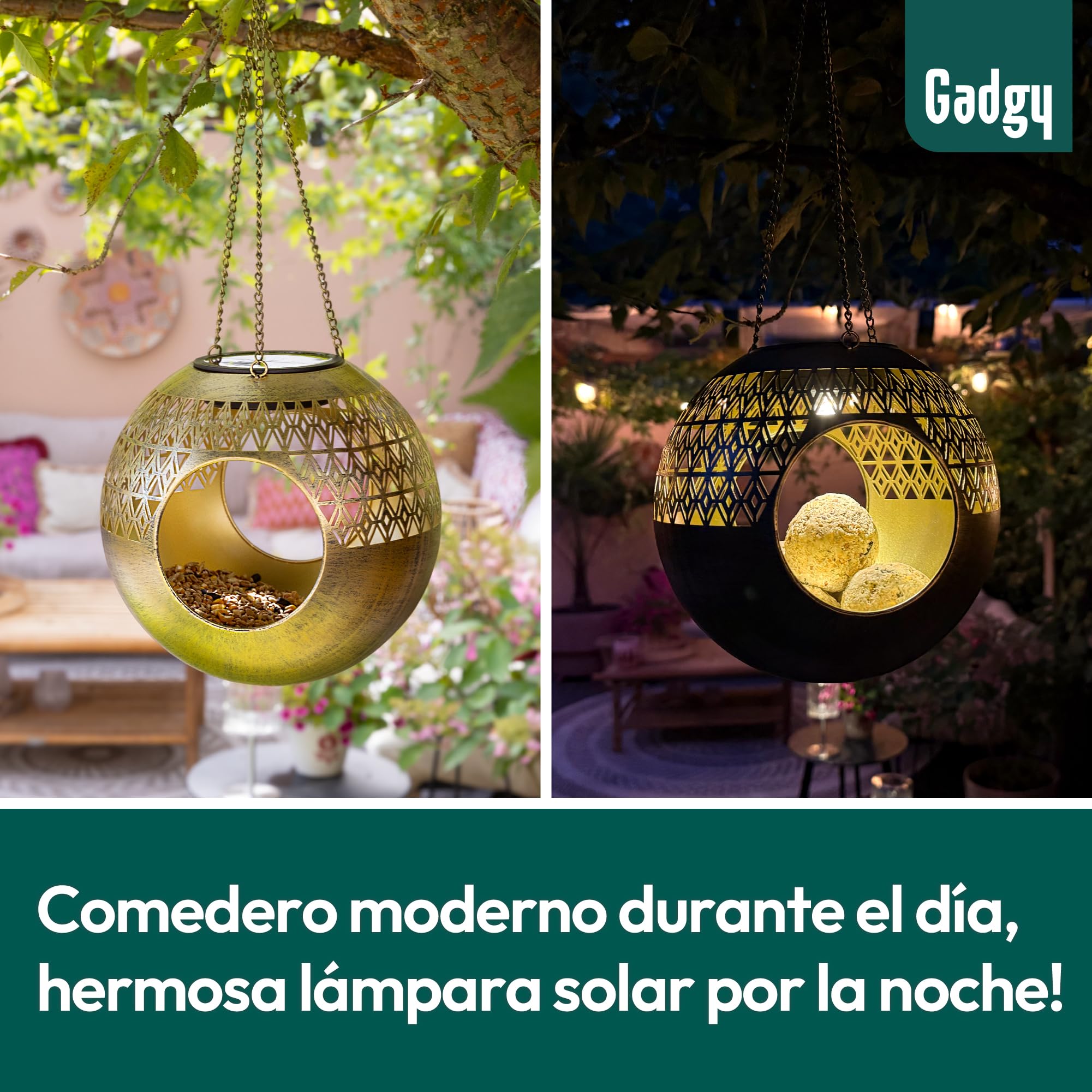 Gadgy Comedero Solar para pájaros Colgante – Diseño Redondo Moderno de Metal – Comedero para pájaros 360° con iluminación Solar – Casa para pájaros Impermeable para jardín, balcón, terraza - 4