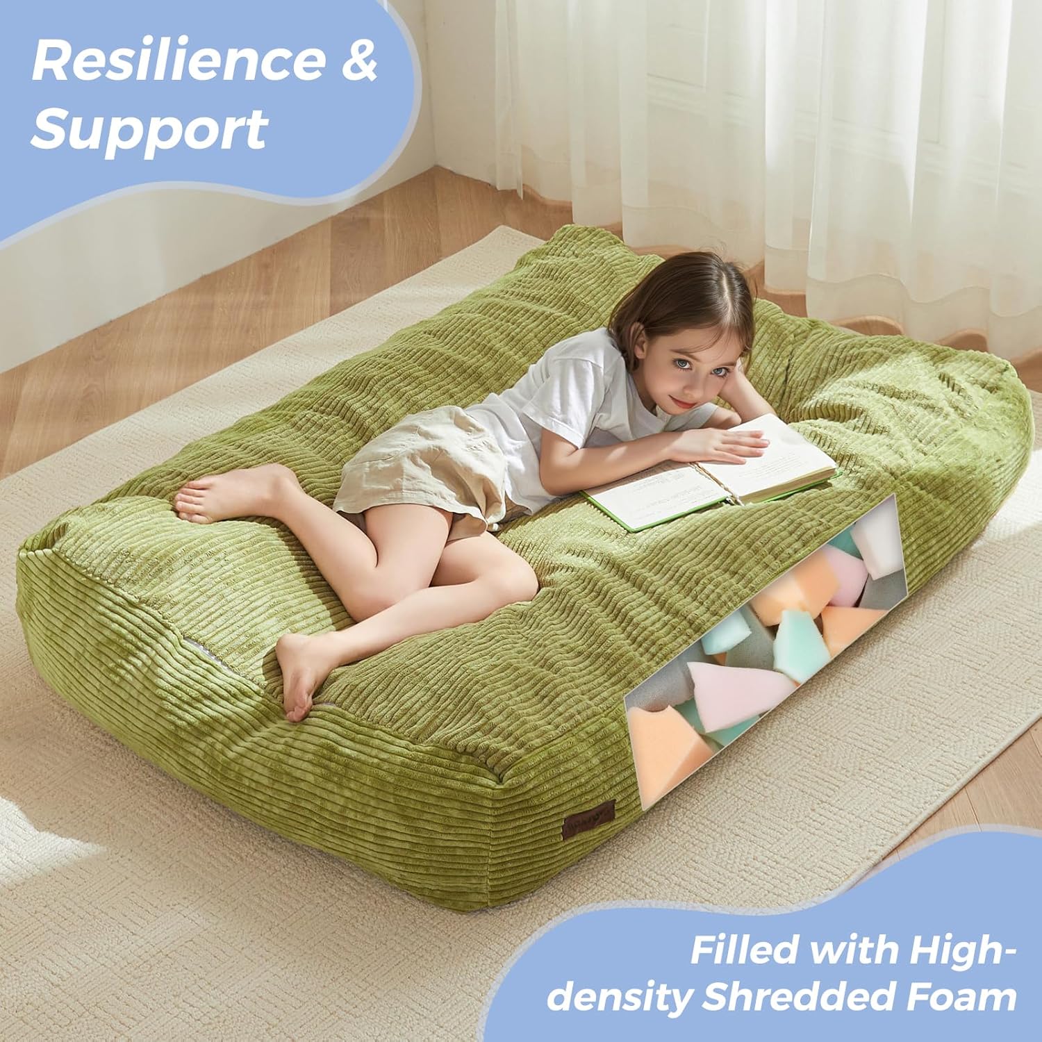 MAXYOYO Bean Bag Chair Bed for Kids, Convertible Bean Bag Folds from Lazy Chair to Floor Mattress Bed, Machine Washable Corded Fabric, Stuffed Floor Sofa Couch for Boys and Girls, Green