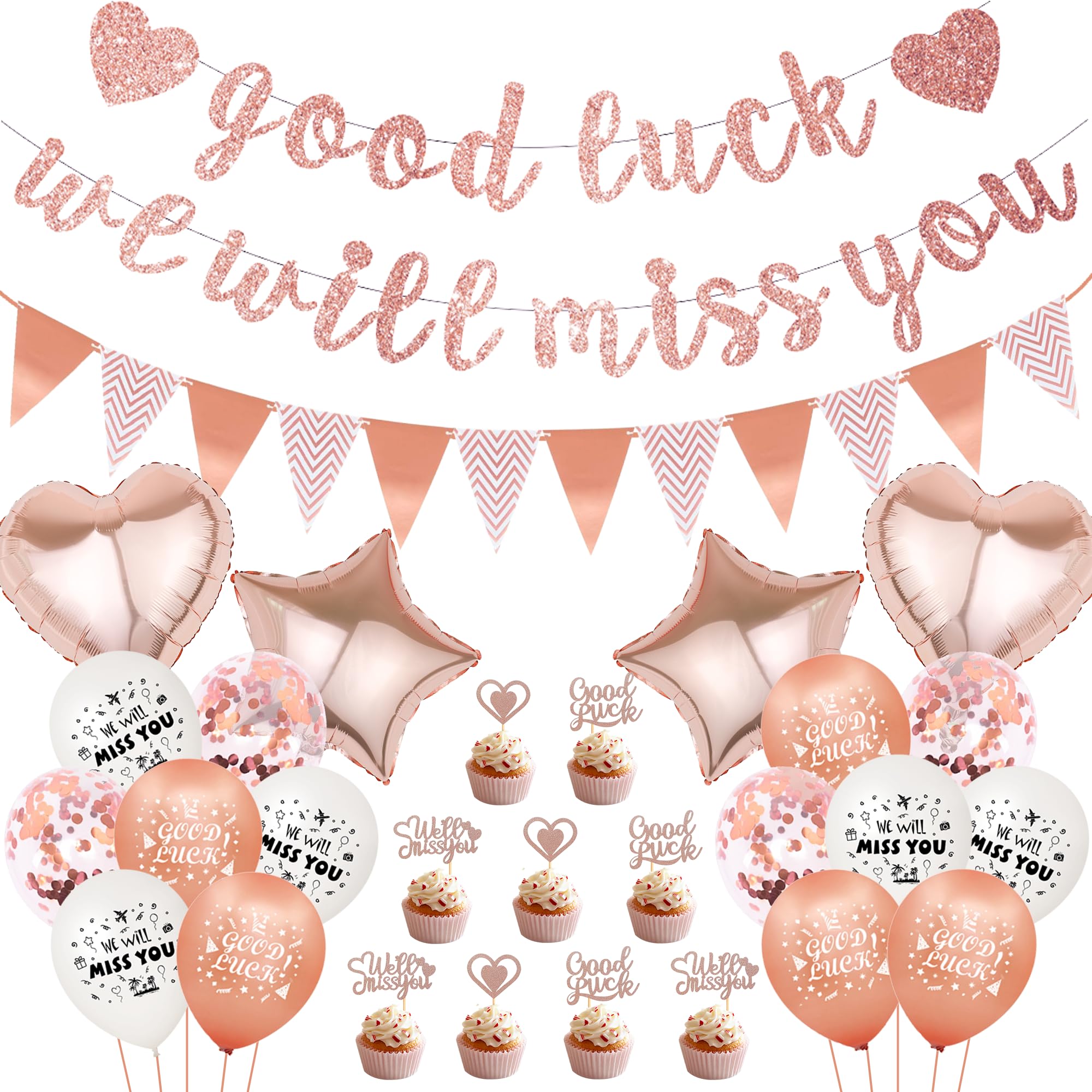 Rose Gold Good Luck Decorations - We Will Miss You Decorations Rose Gold for Women, Pennant Rose Gold Balloon Cake Topper for Job Change Retirement Graduation Leaving Farewell Maternity Leave Decor