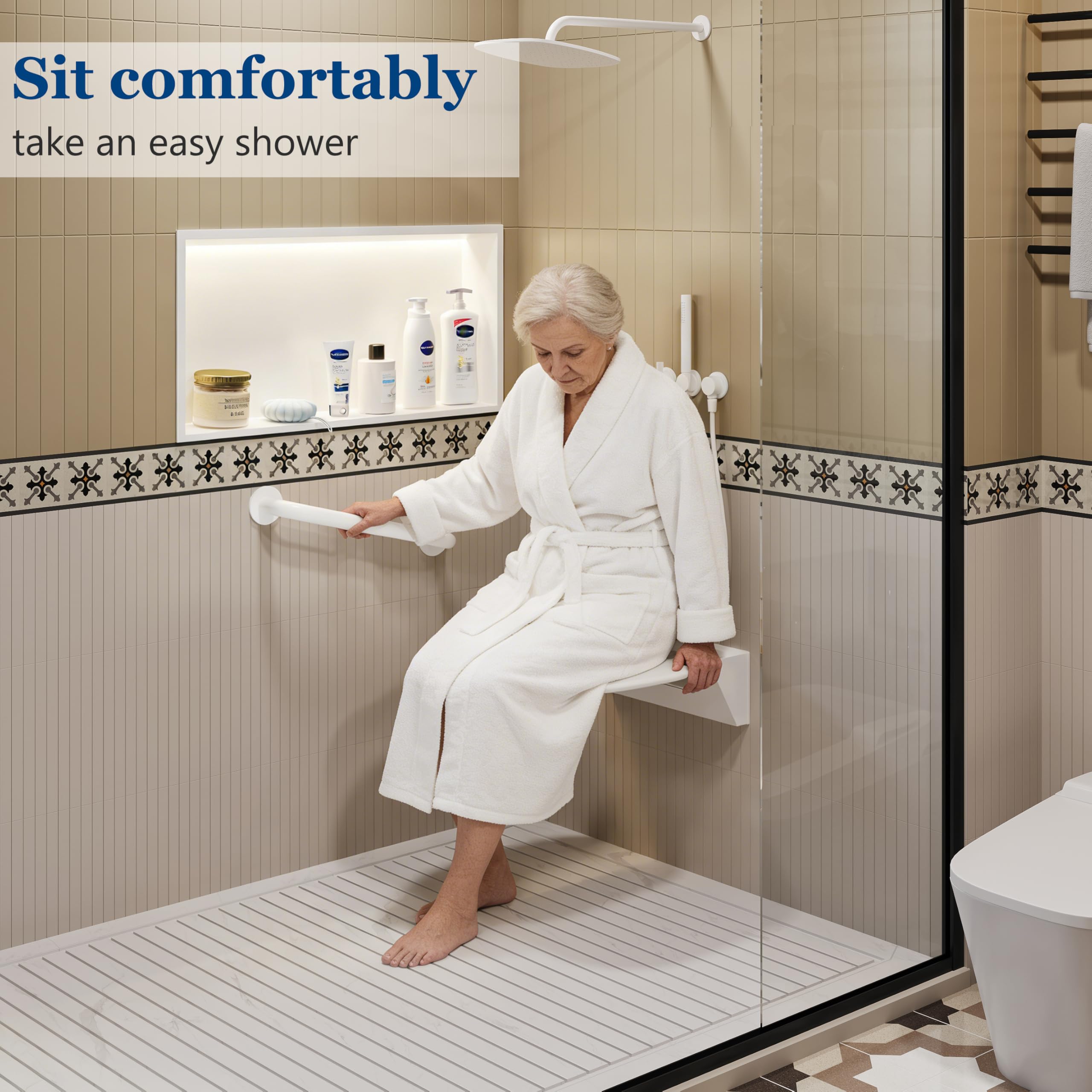 Asiento de ducha plegable montado en la pared, silla de ducha plegable, soporta hasta 200 kg, con UF, asiento de ducha extraancho para personas mayores, taburete antideslizante para ducha, 40