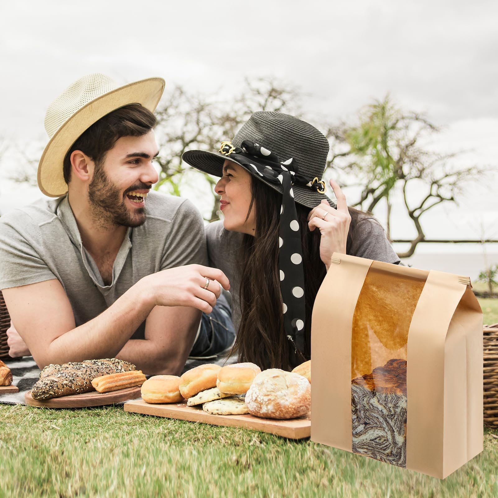 Paquete de 60 bolsas grandes de papel kraft para pan con cierre de pestaña de estaño, para bolsas de pan caseras de 14 x 8.3 x 3.5 pulgadas, bolsas de pan de masa madre con ventana frontal
