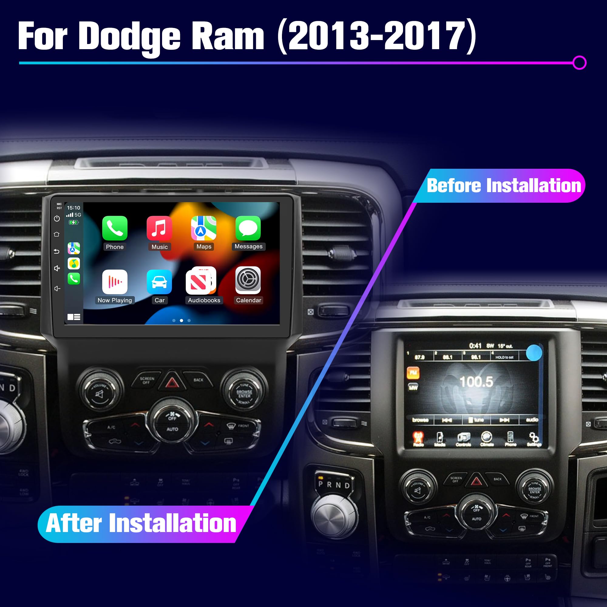 Radio for RAM 1500 2500 3500: 8+128G Car Stereo with Bluetooth AM FM Carplay for Dodge Truck AUTO AC, 9