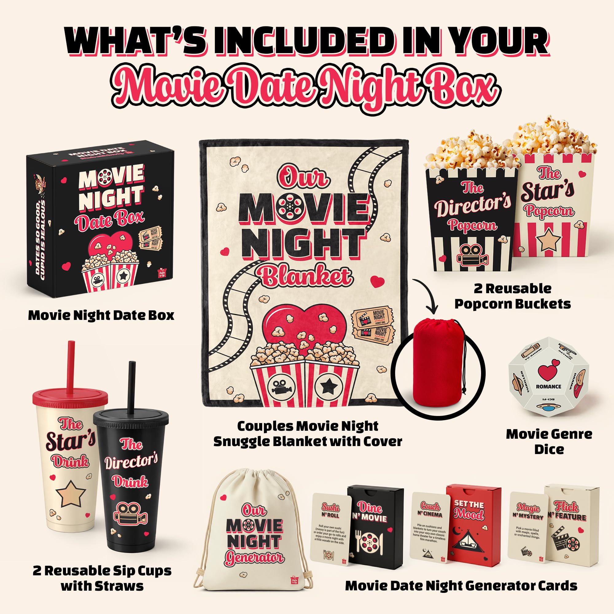 Movie Night Date Night Box for Couples, Perfect Valentines Day Gifts with Couples Blanket, Popcorn Bowl Buckets, Re-usable Cups, Date Night Generator Cards, Movie Genre Dice, Gifts for Movie Lovers