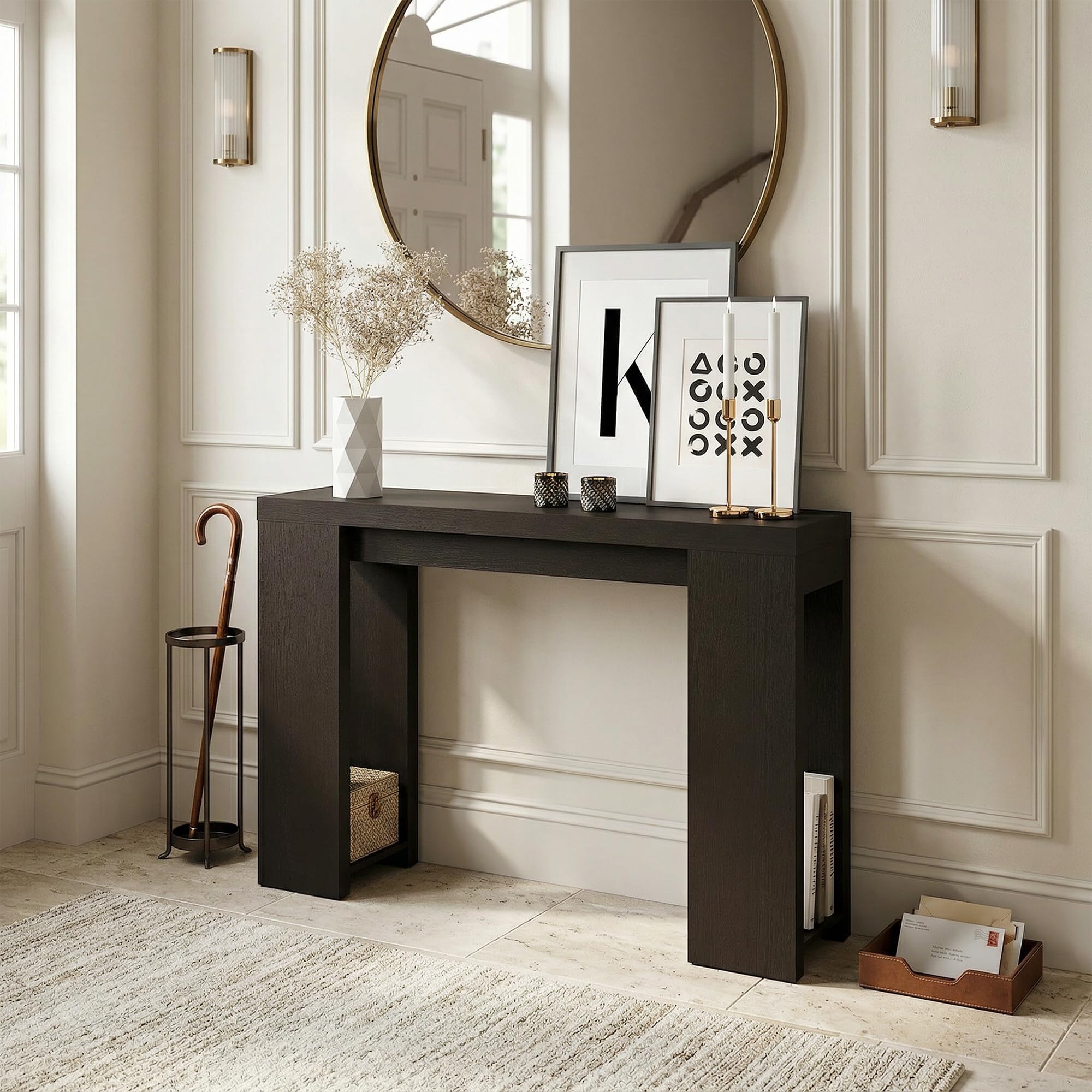 Furinno ARA Entryway Table 119.4cm, Narrow Console Table, Sofa Table with Bottom Shelf, Couch Table Behind Sofa, Farmhouse Entryway Table for Entrance, Hallway, Living Room, Black Dark Oak