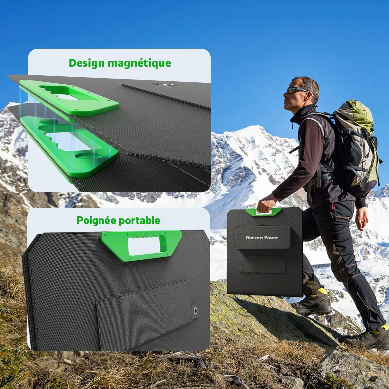 Ensemble de Panneaux Solaires Borrow Power 100W, Chargeur Pliable Portable 18V avec MC4, 2 USB + DC, Taux de Conversion Élevé pour Maison, Camping-Car, Camping, Batterie Externe
