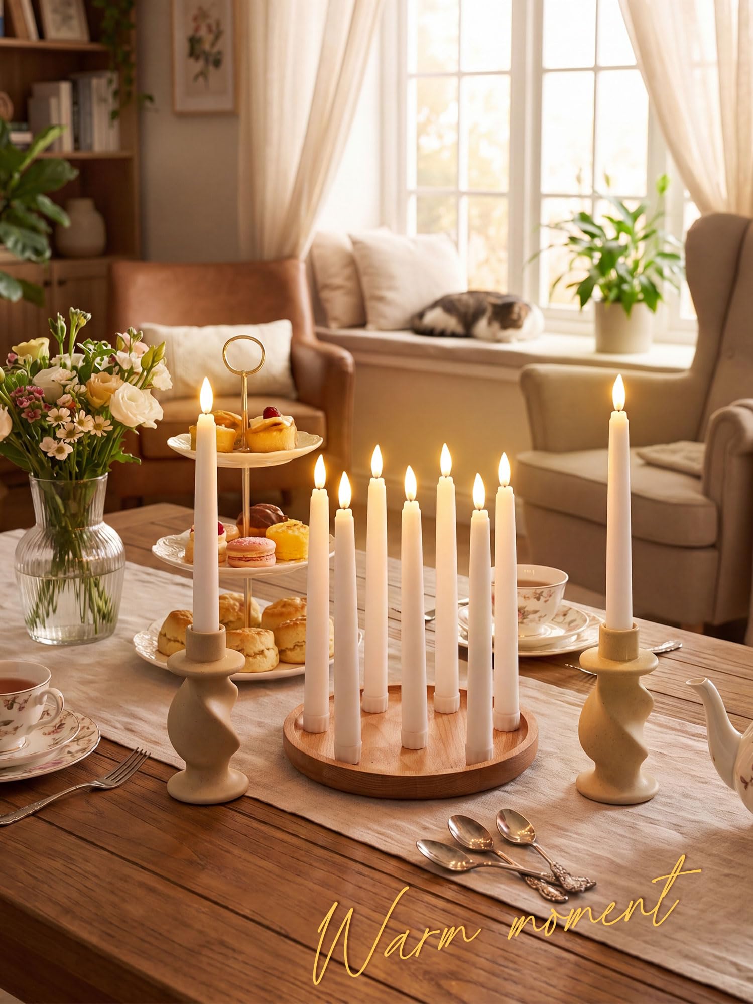 Treela 24 velas cónicas sin llama que funcionan con pilas, velas falsas a granel, velas LED parpadeantes cónicas para decoración de Pascua, boda, aniversario (básico, 8 pulgadas, blanco)