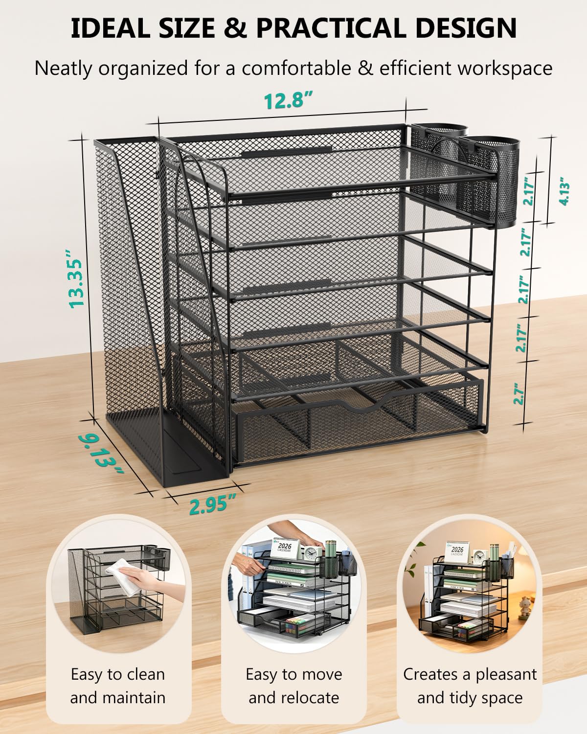 WALI Desk File Organizer, 6 Tier Desktop Paper Letter Tray Organizer with Drawer and 2 Pen Holders, Office Desk Accessories & Workspace Organizers for Office, Home Supplies(DO007DH-B), 1 Pack, Black view 8