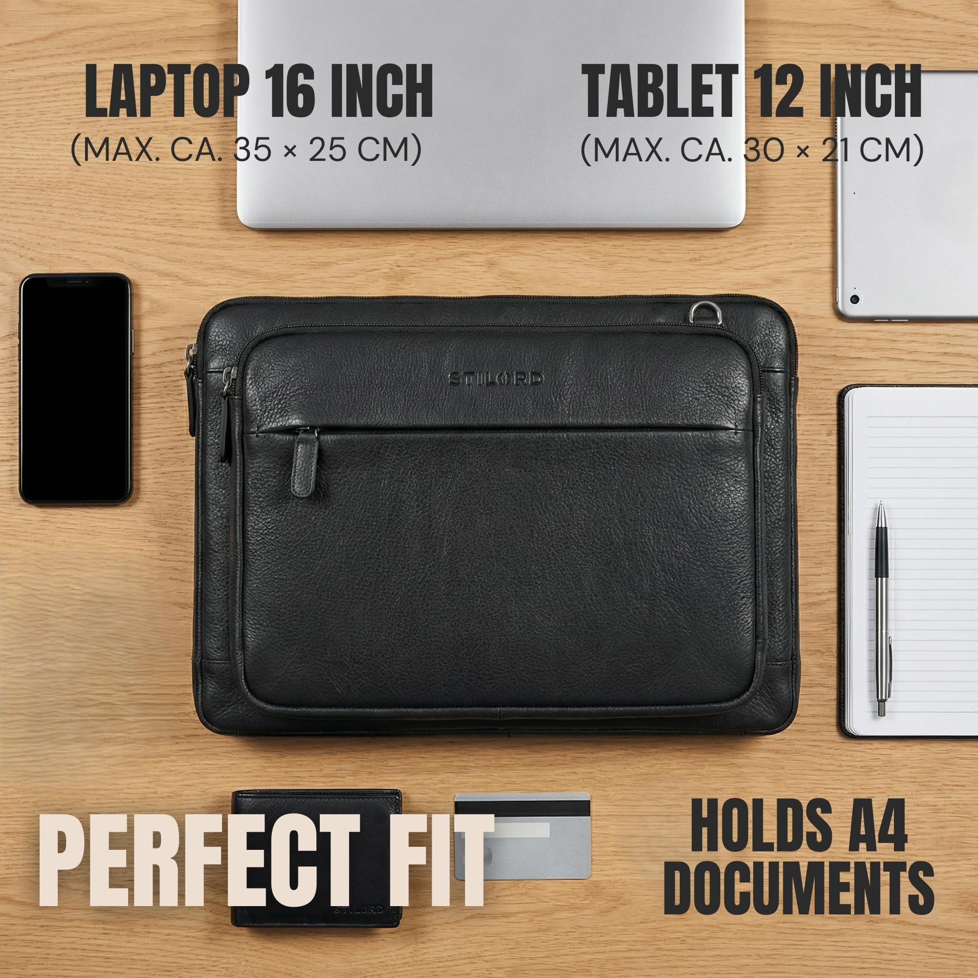 STILORD Clarity Funda para Portátil 15-16 Pulgadas Cuero Maletín Delgado Acolchado Correa Extraíble Bolsa Laptop Piel Negro