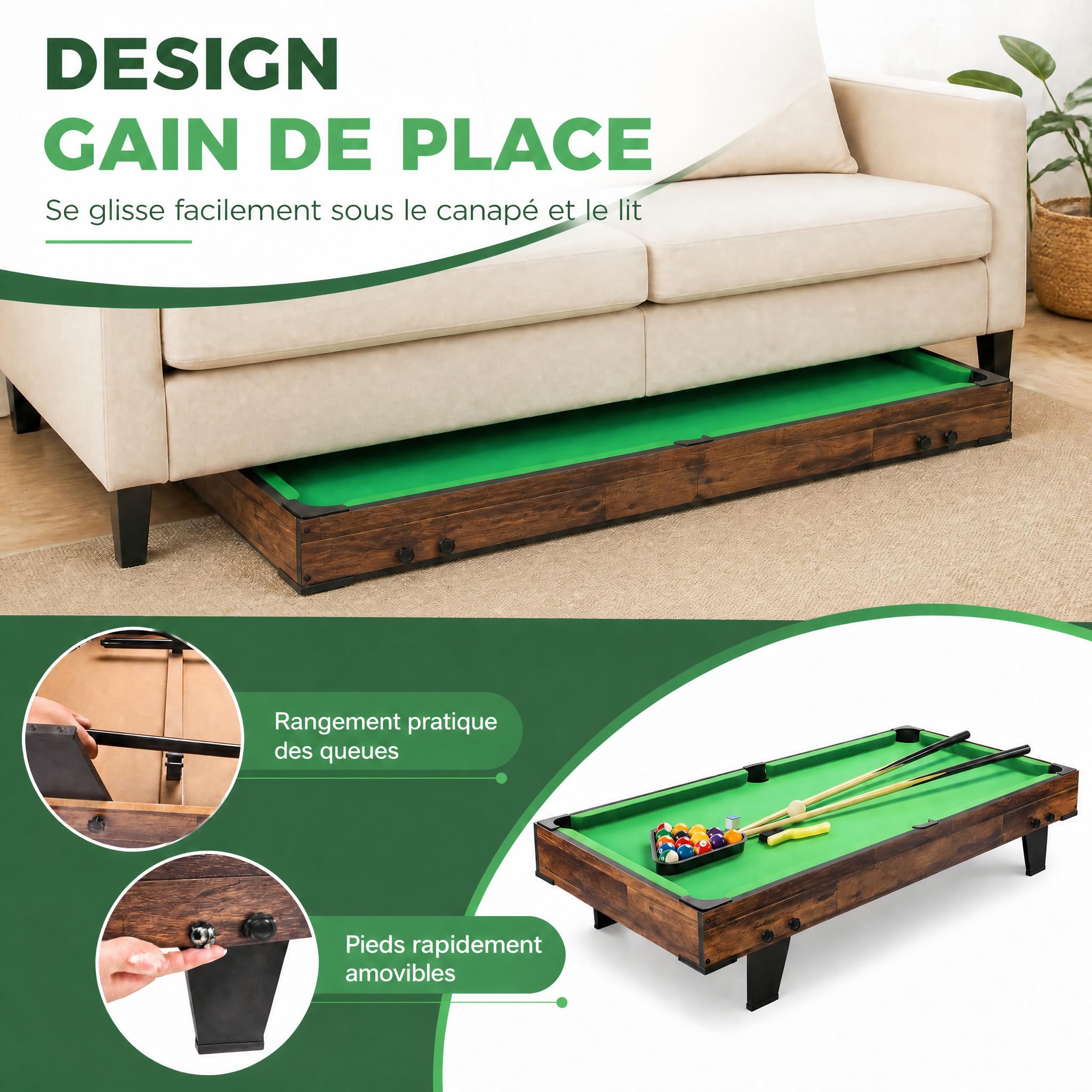 Table de Billard 120cm, Mini Pool avec Accessoires, Snooker Intérieur | Bois de qualité, léger et mobile, design gain de place, montage facile, idéal pour adultes et familles.