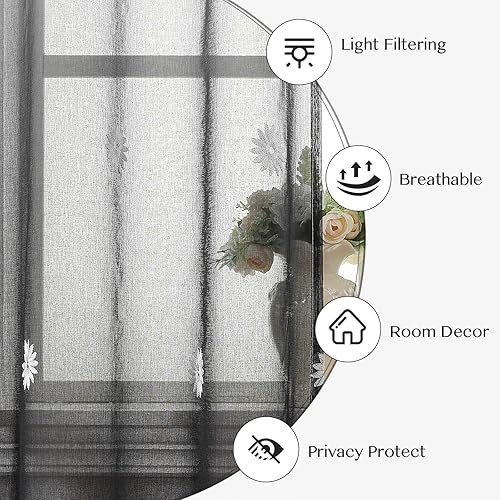 Miniatura 4 de WUBODTI Cortinas bohemias con estampado floral negro degradado para sala de estar, dormitorio, 84 pulgadas de largo, 2 paneles, cortinas bordadas de