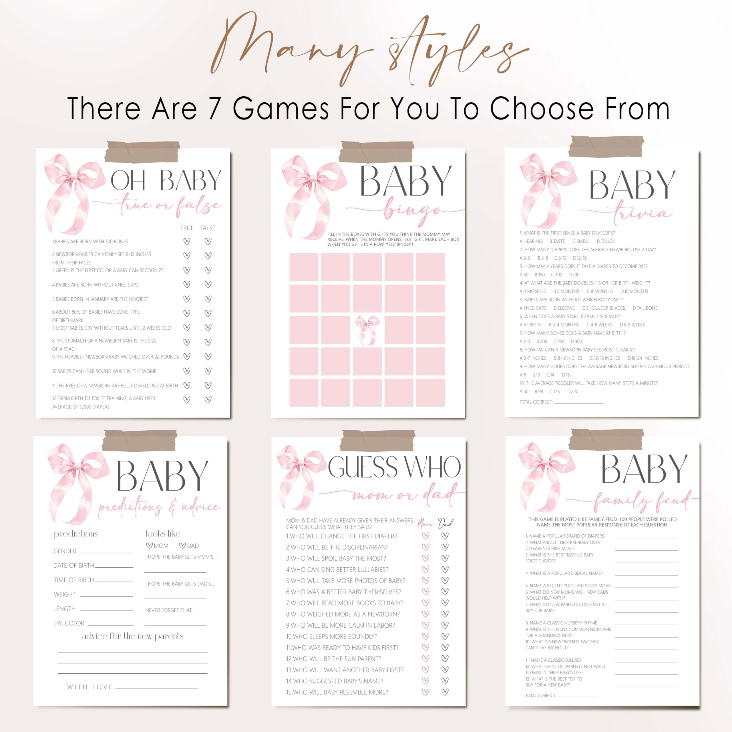 Pink Bow Baby Shower Games dla dziewczyn, Baby Trivia Game, 5"x7-25 szt.-B04