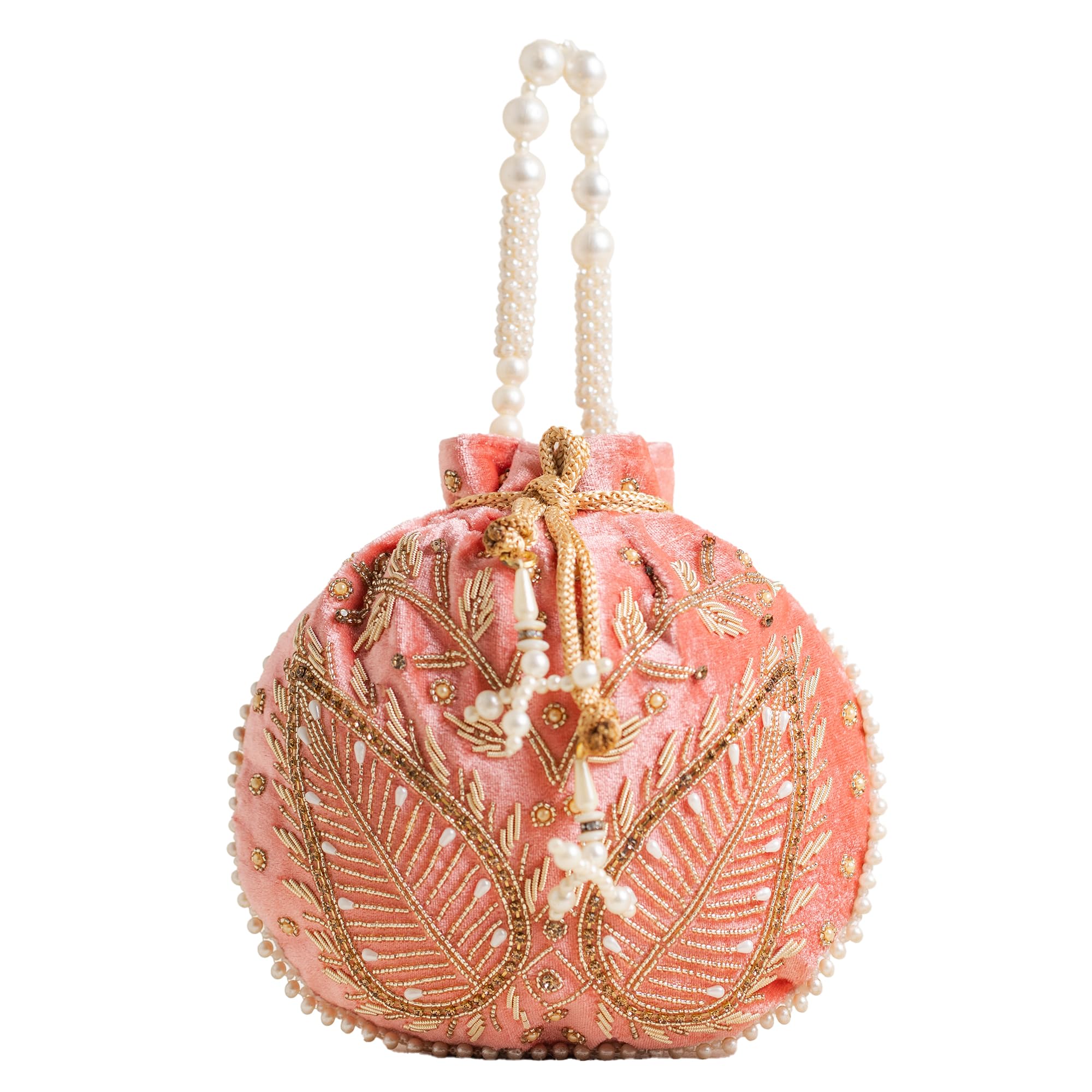 cara fashion Treasure Leaf Potli Bag, Handcrafted Leaf Embroidery with Pearl Handle, Wedding & Festive-picture-35