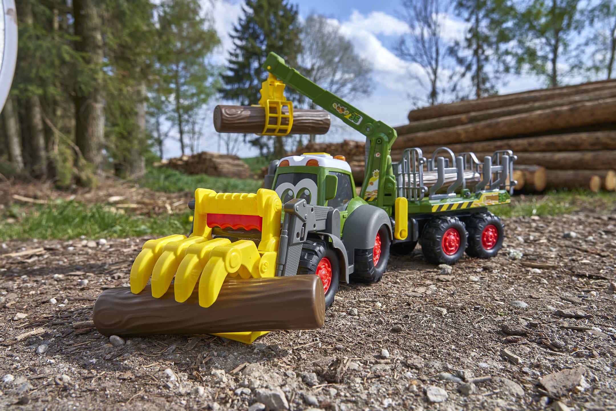 Dickie Toys ABC - Tractor Forestal de Juguete 65cm Fendt con Remolque, Brazo articulado con función de Pinza Manual, Pala móvil, luz y Sonido, Adecuado para niños a Partir de 1 año (204119001)