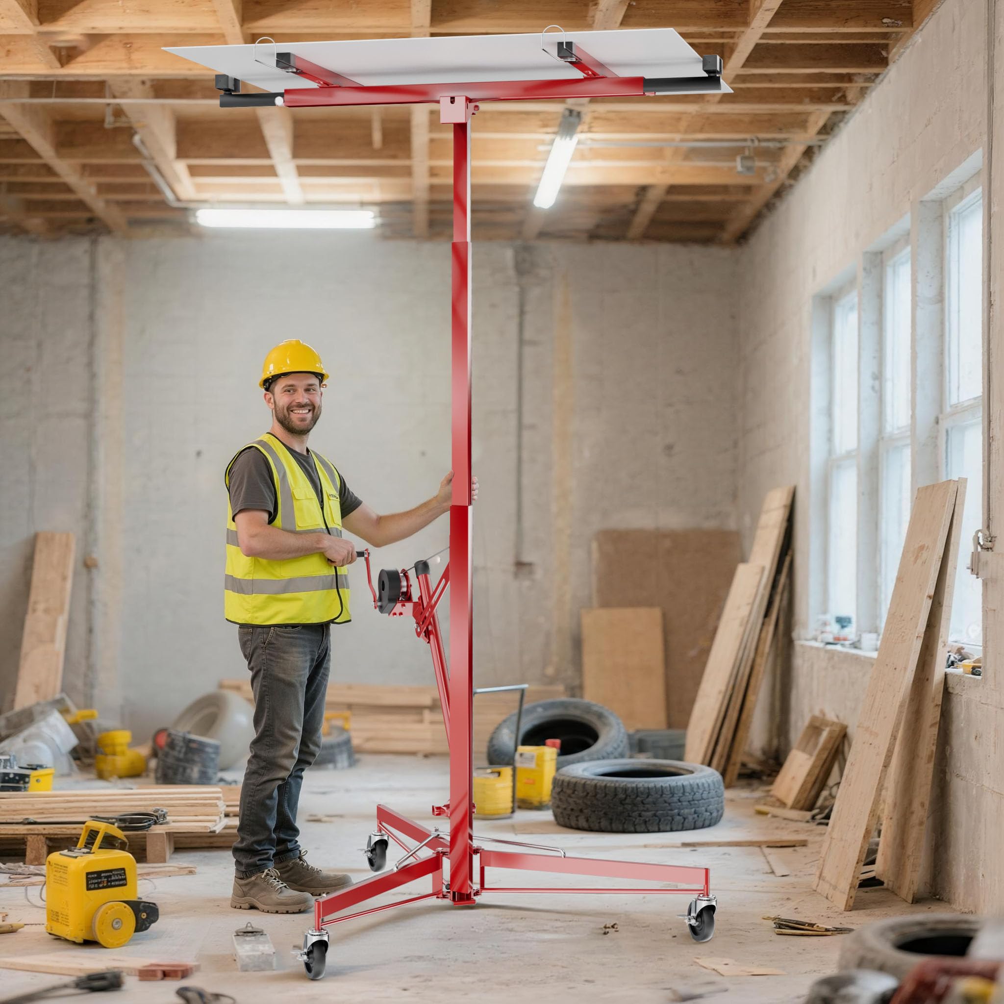 Wiltec SET XXL Plattenheber bis max. 68 kg + 140 cm Verlängerung, Höhe 140-465 cm, max. Breite 2,90 m, Montagehilfe für Trockenbau, Paneelheber mit 3 Rädern, rot