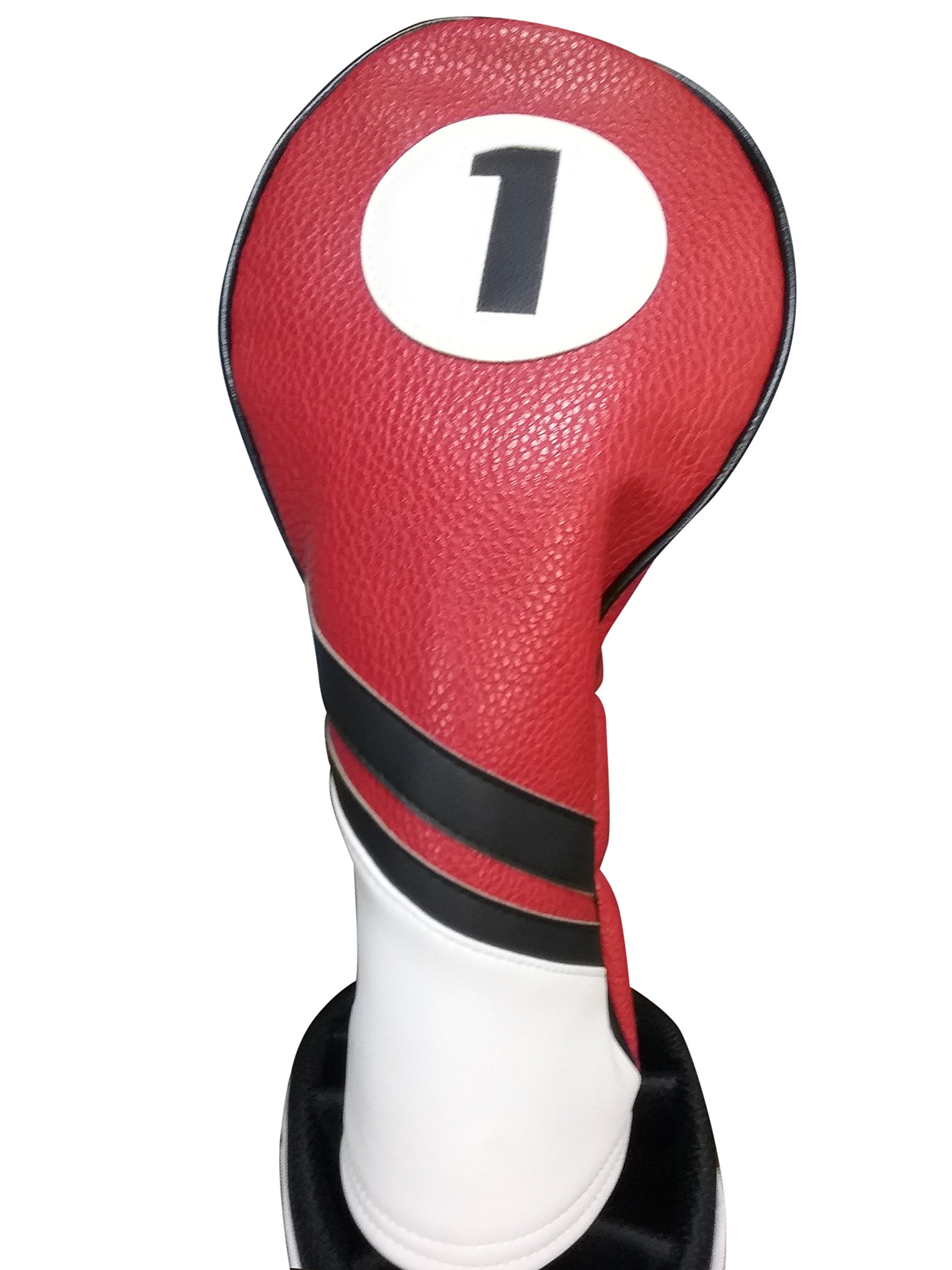 Majek Retro Golf Headcover Red Black and White Vintage Leather Style 1 Driver Head Cover Fits 460cc Drivers