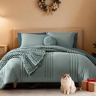 Monbix Queen Comforter Set - 7 Pieces Sage Green Bed in a Bag Queen Bedding Sets with Comforters, All Seasons Comforter Bed Set with Sheets,Pillowcases & Shams