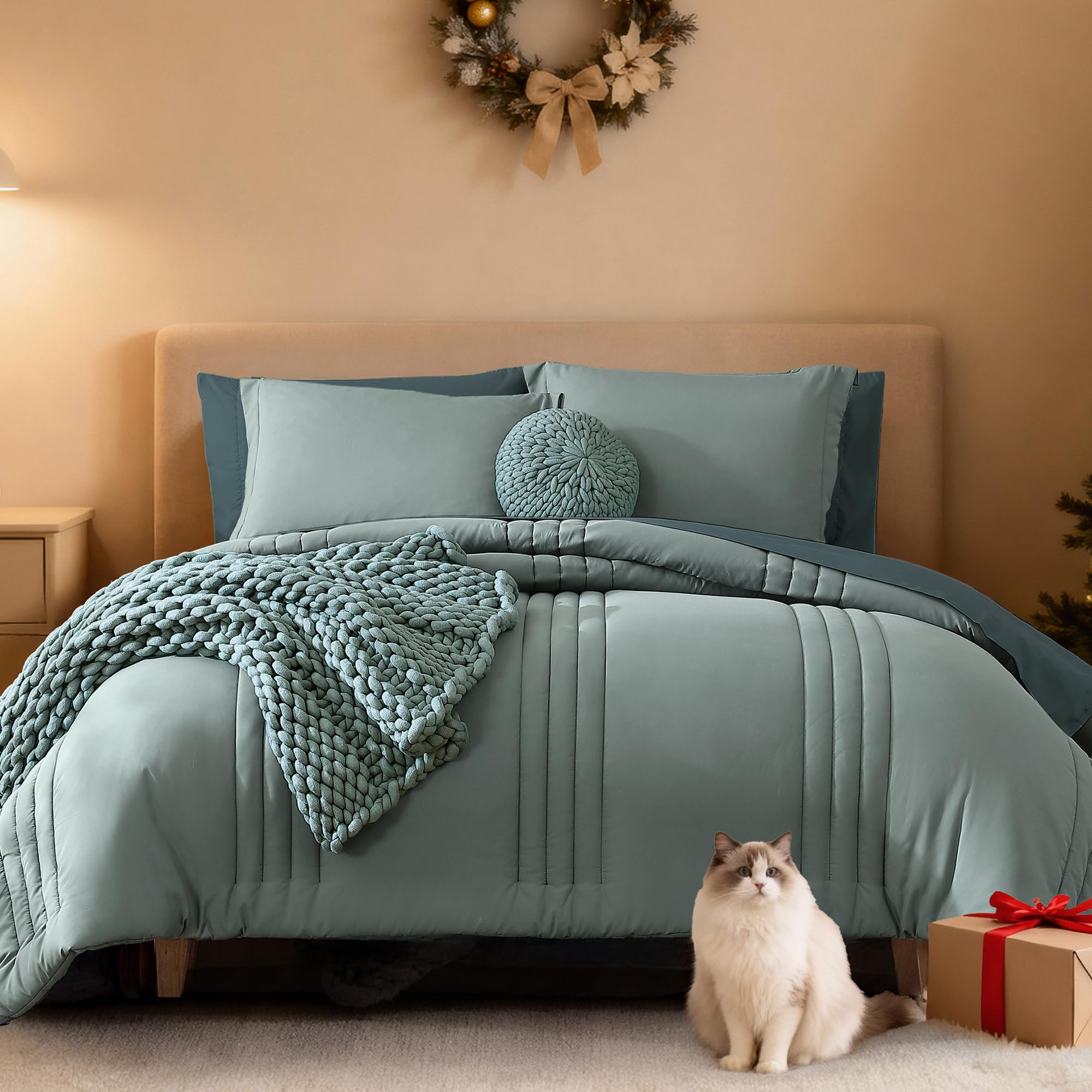 Monbix Queen Comforter Set - 7 Pieces Sage Green Bed in a Bag Queen Bedding Sets with Comforters, All Seasons Comforter Bed Set with Sheets,Pillowcases & Shams