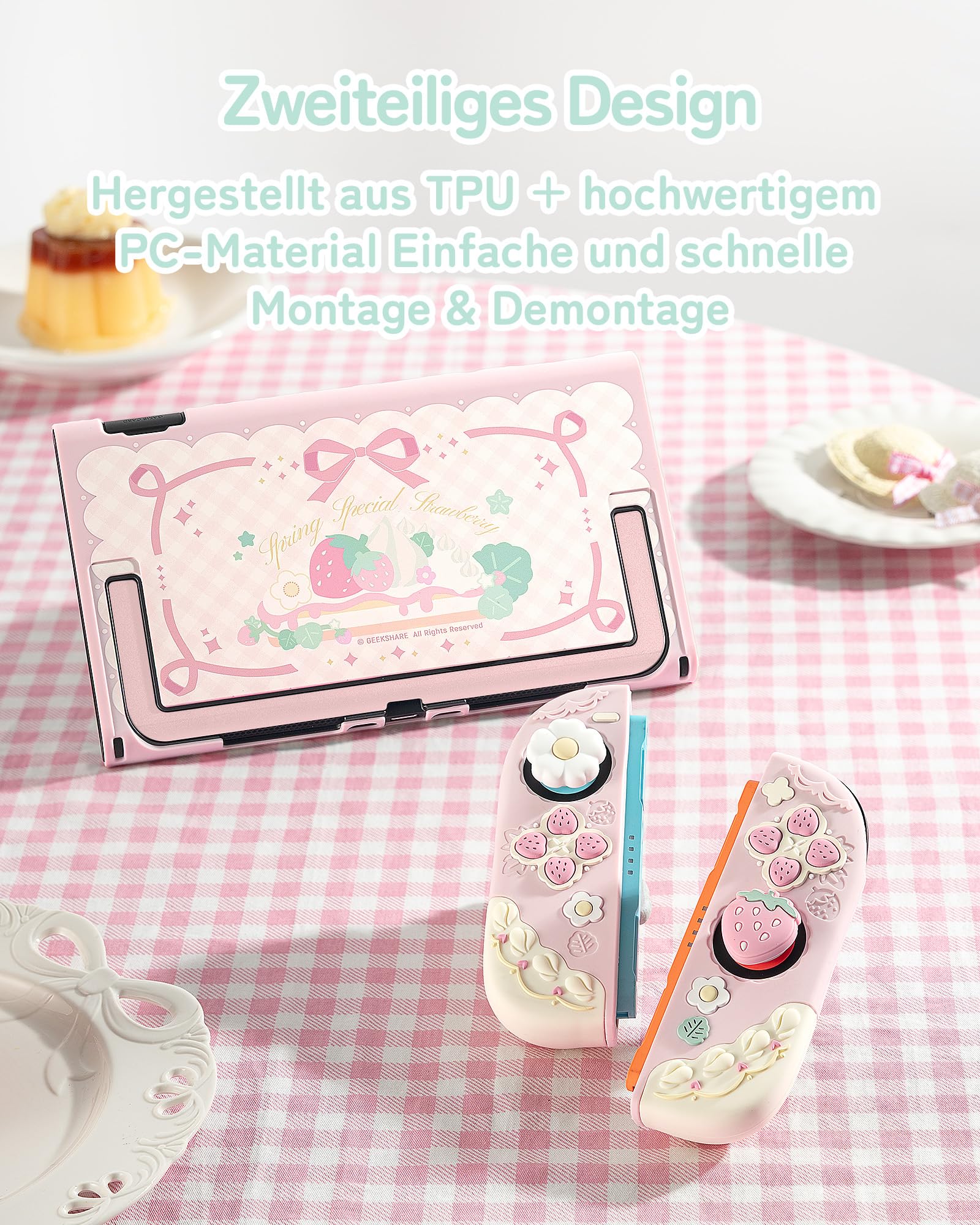 GeekShare Soft Silikon Schutzhülle für Switch 2(2025), Trennbare Schutzhülle, Kratzfeste Switch 2 Hülle, mit 2 Daumen Griffkappen (Sahne-Erdbeere (Rosa))