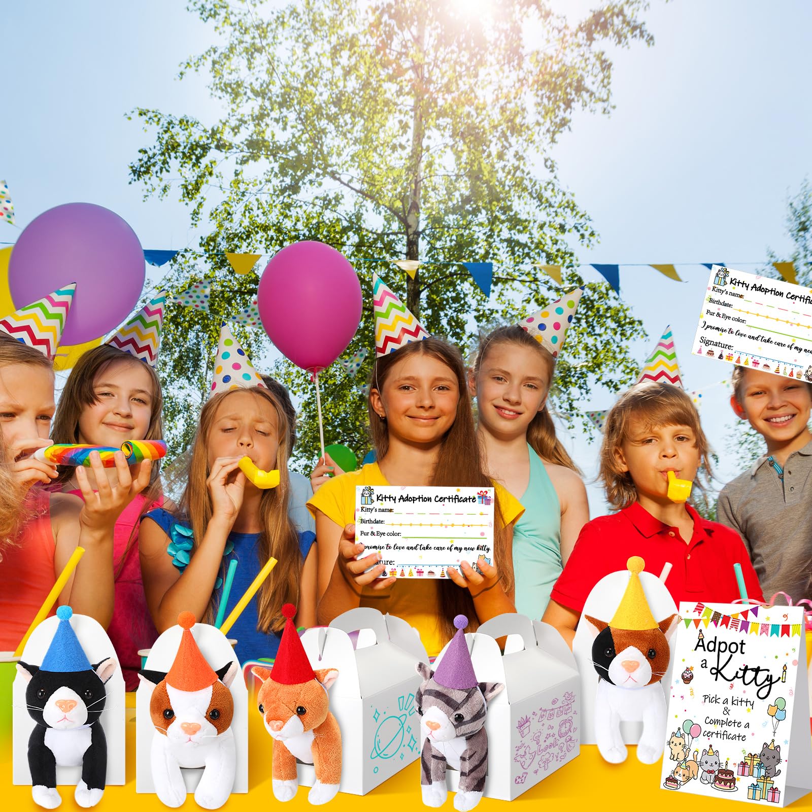 HyDren 25 piezas de regalos de fiesta de adoptar gato, incluye letrero de adoptar un gatito, 8 certificados de adopción de gatitos, 8 mini gatos de peluche, 8 sombreros de cumpleaños, 8 cajas de papel