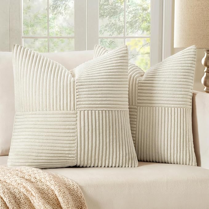 MIULEE Beige Decorative Throw Pillow Covers 18x18 Inch for Couch Bed Sofa Pack of 2 Boho Neutral Farmhouse Throw Pillows Soft Cross Corduroy Patchwork Textured Cushion Cases