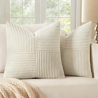 MIULEE Beige Decorative Throw Pillow Covers 18x18 Inch for Couch Bed Sofa Pack of 2 Boho Neutral Farmhouse Throw Pillows Soft Cross Corduroy Patchwork Textured Cushion Cases