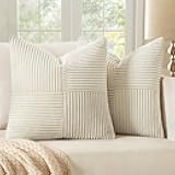 Beige Decorative Throw Pillow Covers 18x18 Inch for Couch Bed Sofa Pack of 2 Boho Neutral Farmhouse Throw Pillows Soft Cross Corduroy Patchwork Textured Cushion Cases