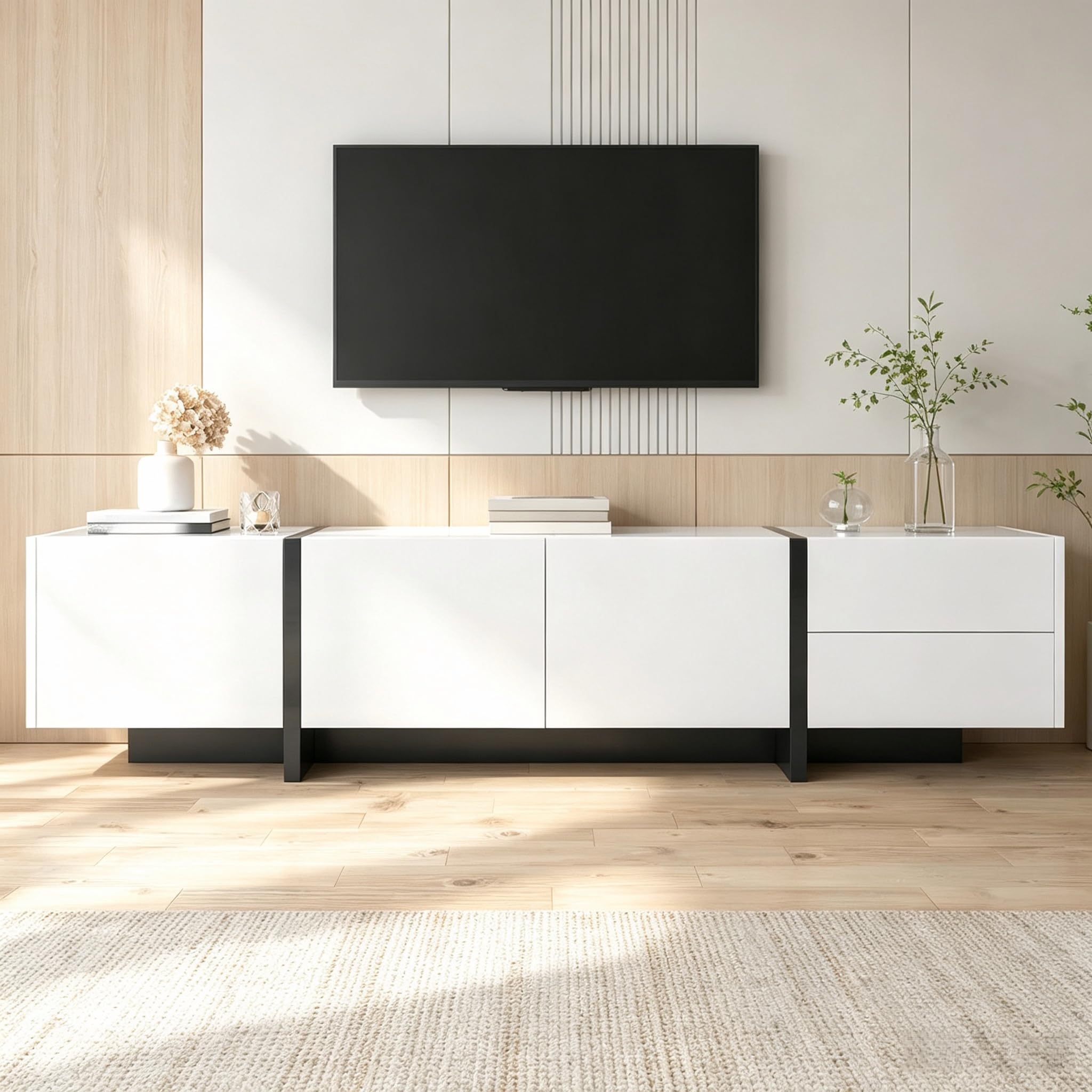 Mueble para TV de 190 cm con 3 puertas y 2 cajones - Mueble bajo moderno en color blanco brillante con patas negras, soporte para TV de hasta 75 pulgadas, aparador para salón, color blanco y