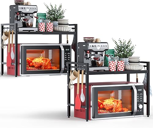 Miniatura 20 de NETEL Soporte extensible para microondas, estante organizador de 2 niveles de metal para encimera de cocina con 8 ganchos, estante para panaderos,