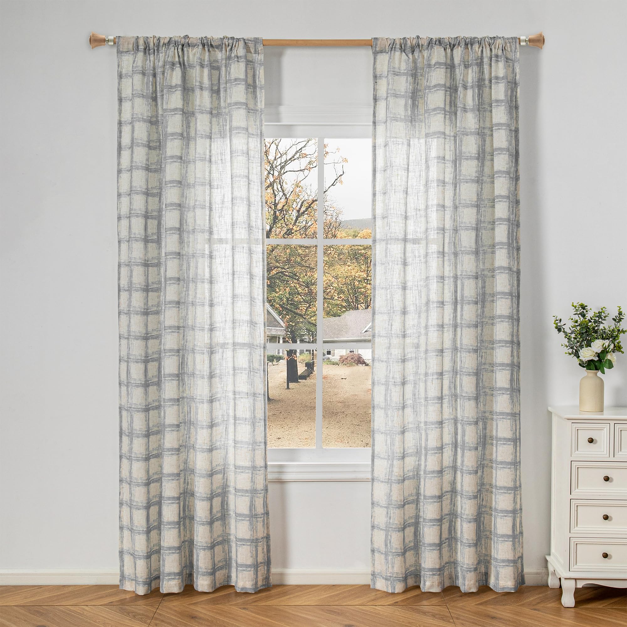 MYSKY HOME Semi Sheer Curtains 84 Inch Length 2 Panels Set for Living Room Plaid Printed Linen Look Drapes Soft Fabric Light Filtering Privacy Protect Elegant Cute Look Country Curtain, W50, Grey